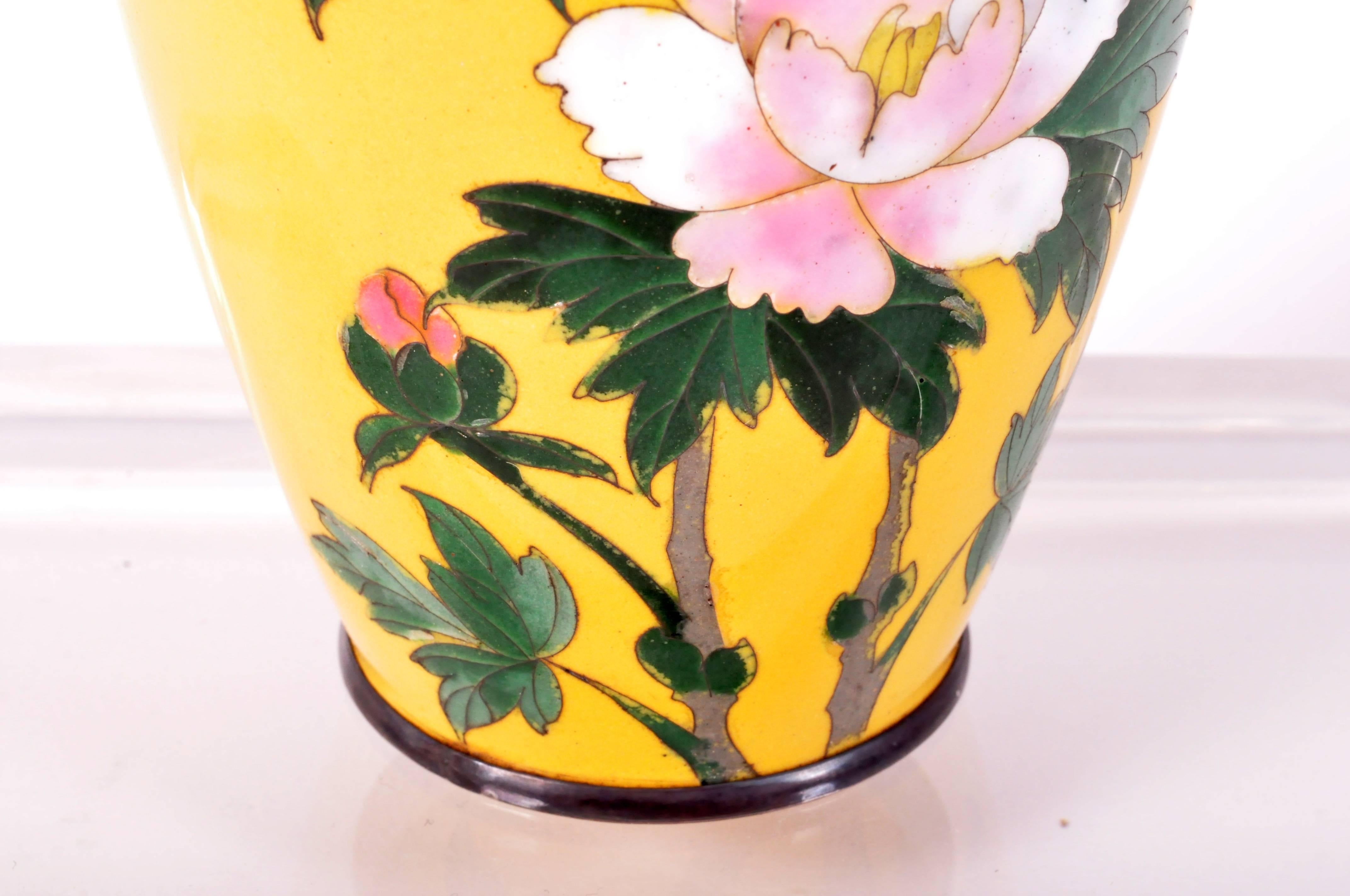 Pair of Japanese Cloisonné Vases with Peony Motif 1