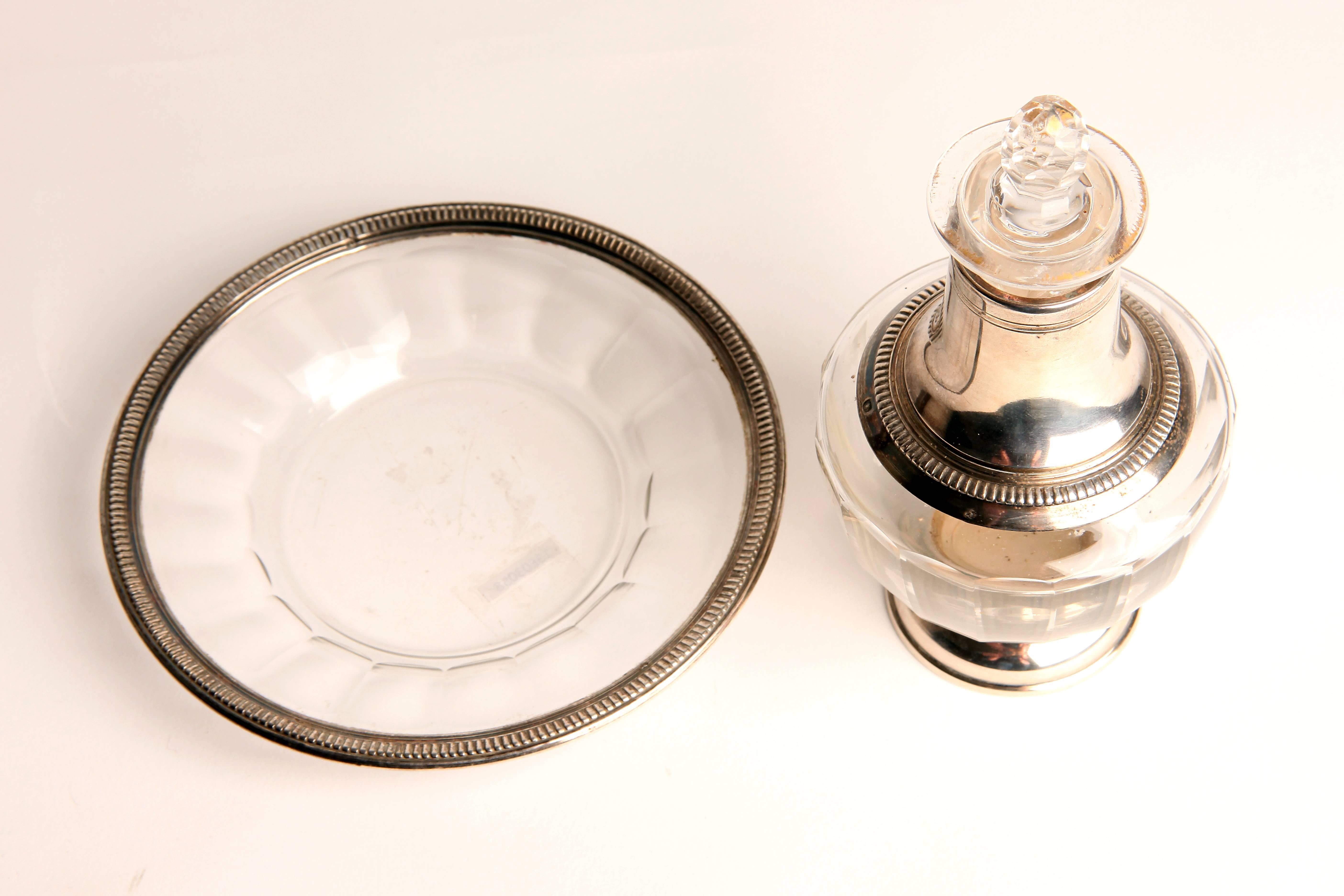 French Art Deco Set of Small Glass Vase and Glass Tray with Silver Trim
