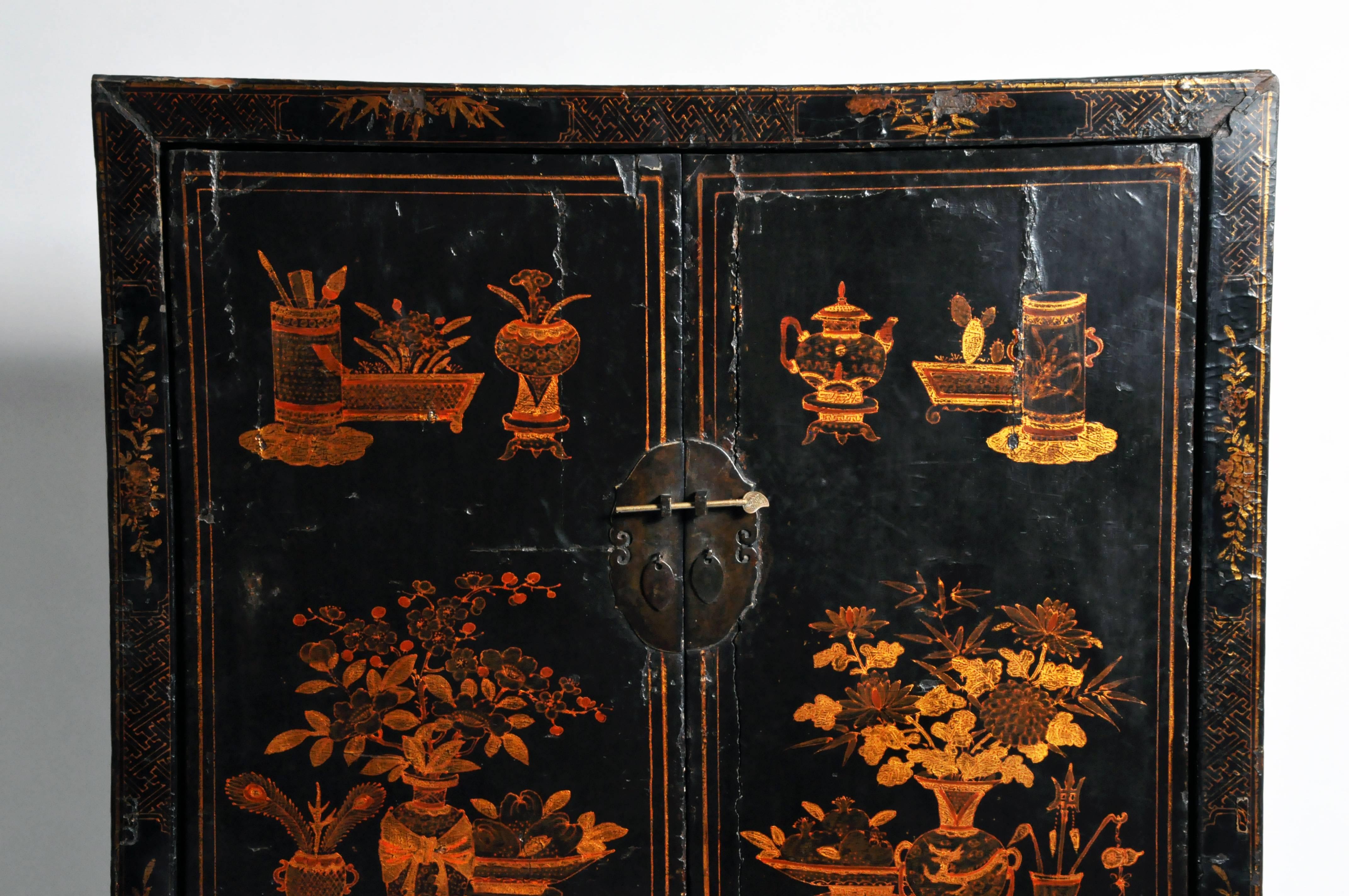 Elm Chinese Cabinet with Hand-Painted Decoration