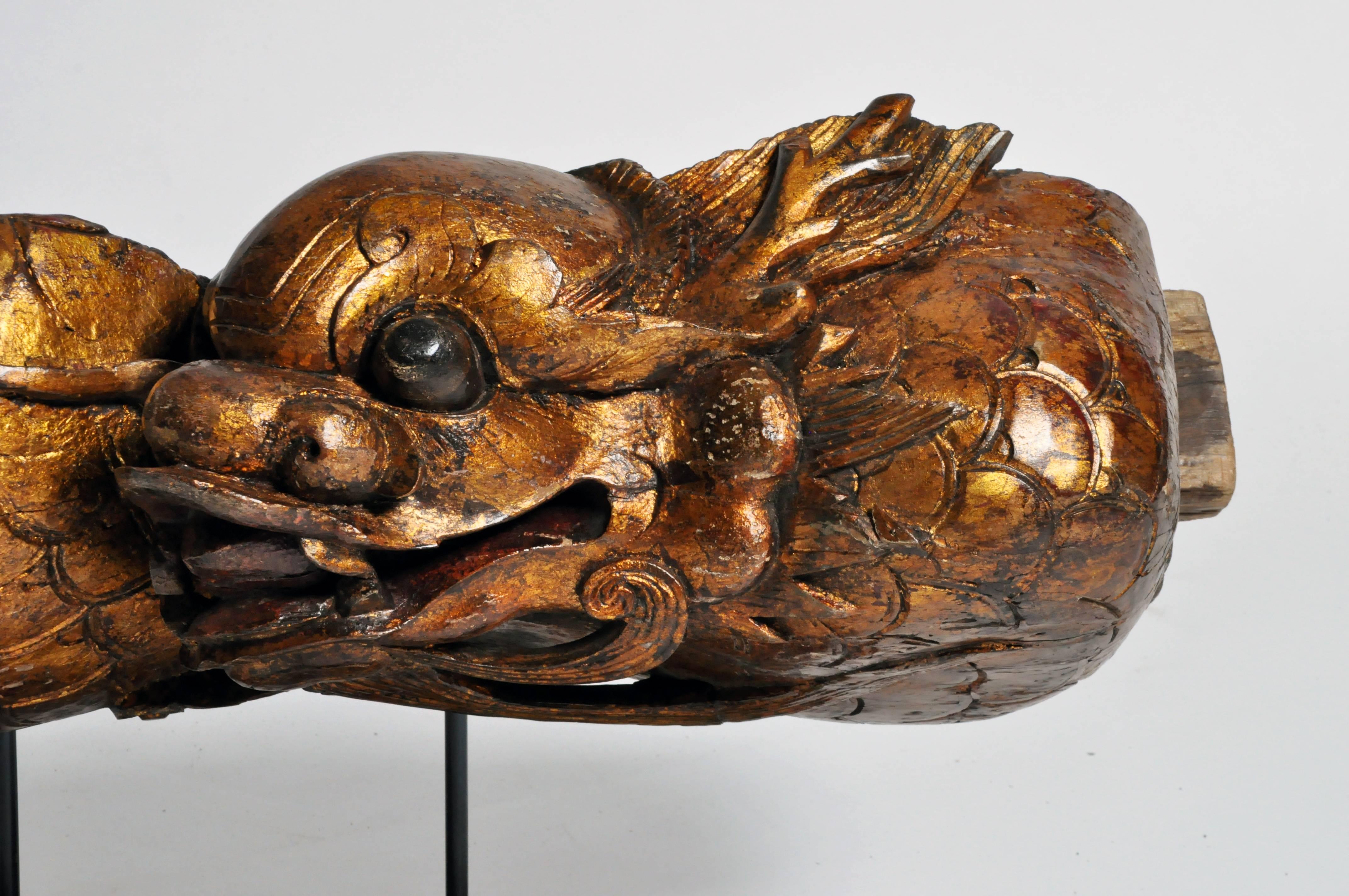 Wood Qing Dynasty Chinese Carved Architectural Post of a Dragon