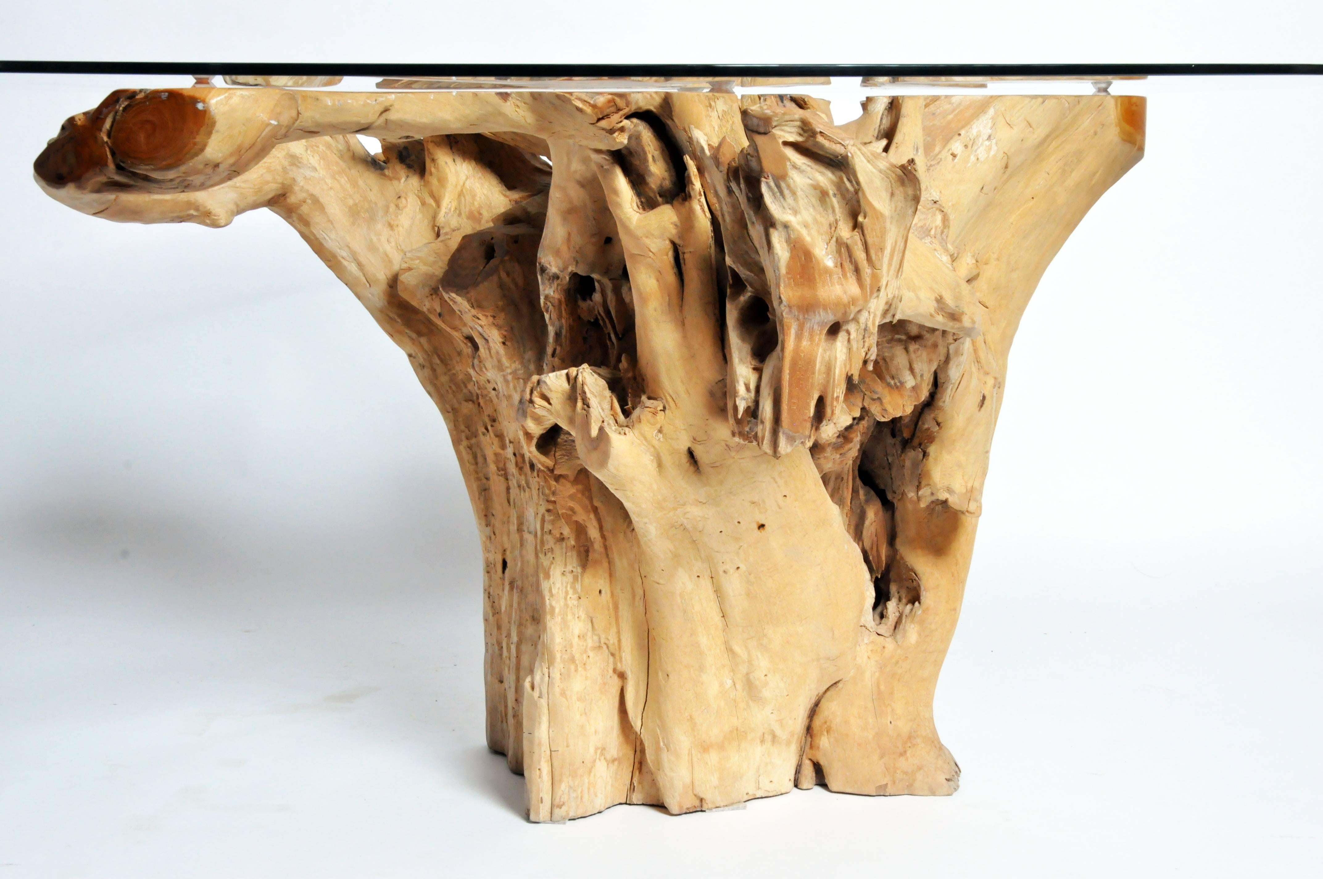 Teak Root Pedestal Table with Glass Top 1