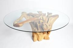 Mesa Pedestal de Raíz de Teca con Tapa de Cristal