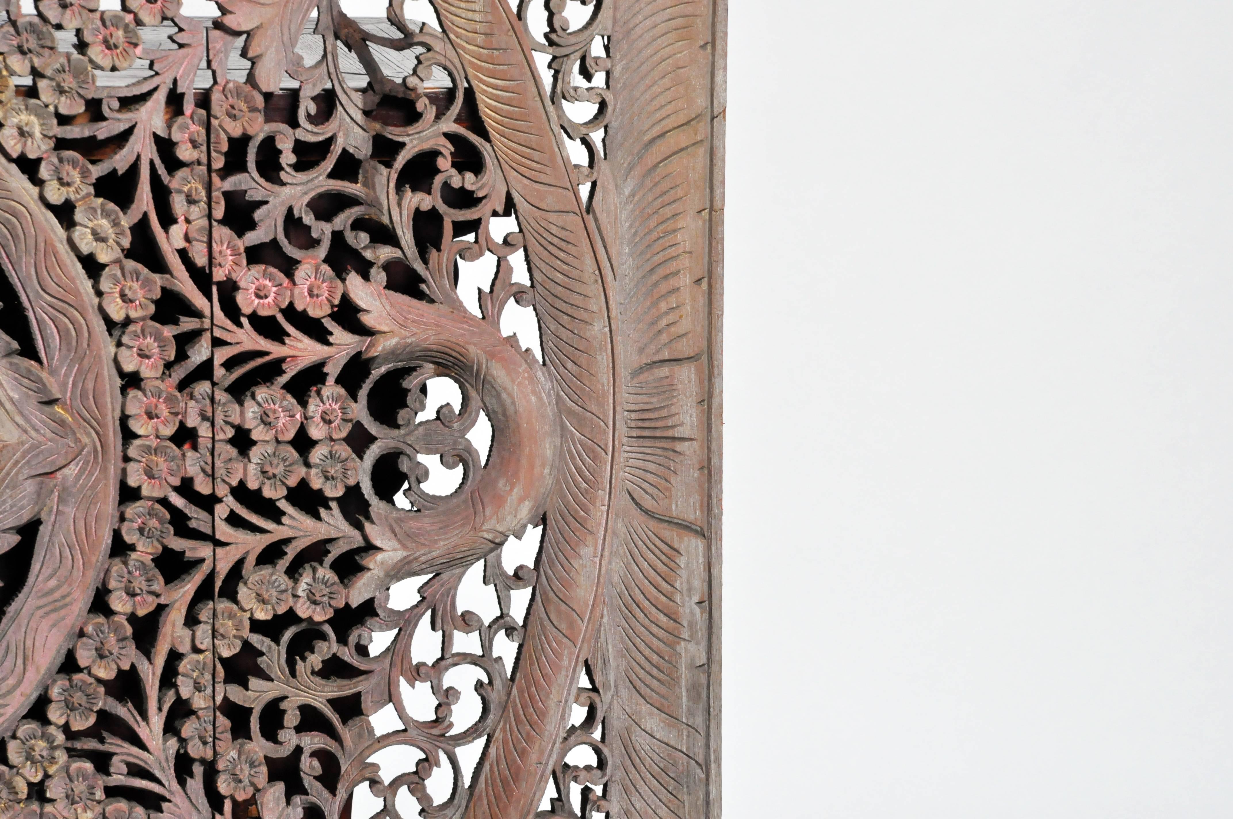 Teak Carved Ceiling Panel with Flower Motifs