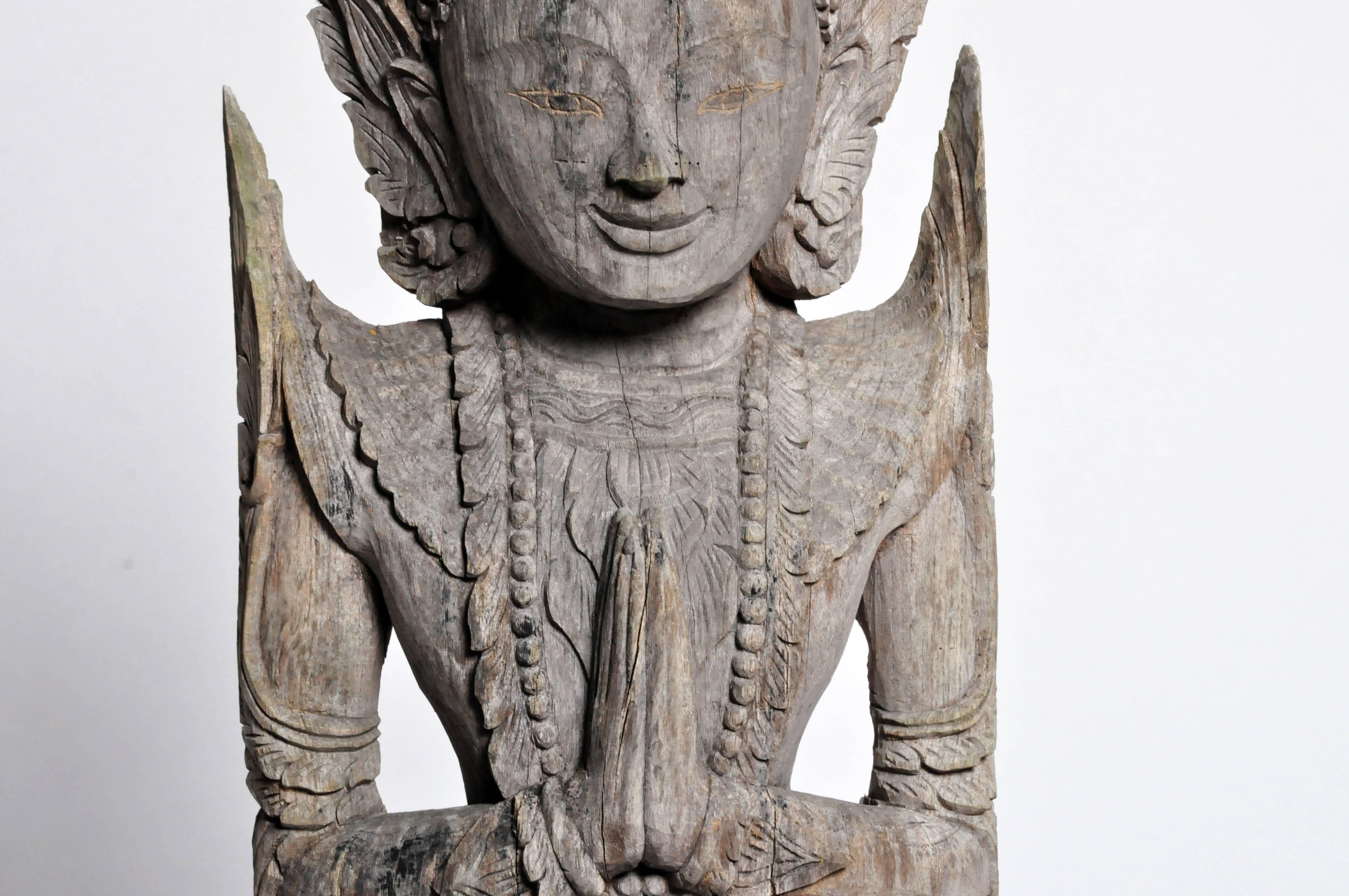 Wooden Thai Greeting Angel Sculpture on Metal Base 2