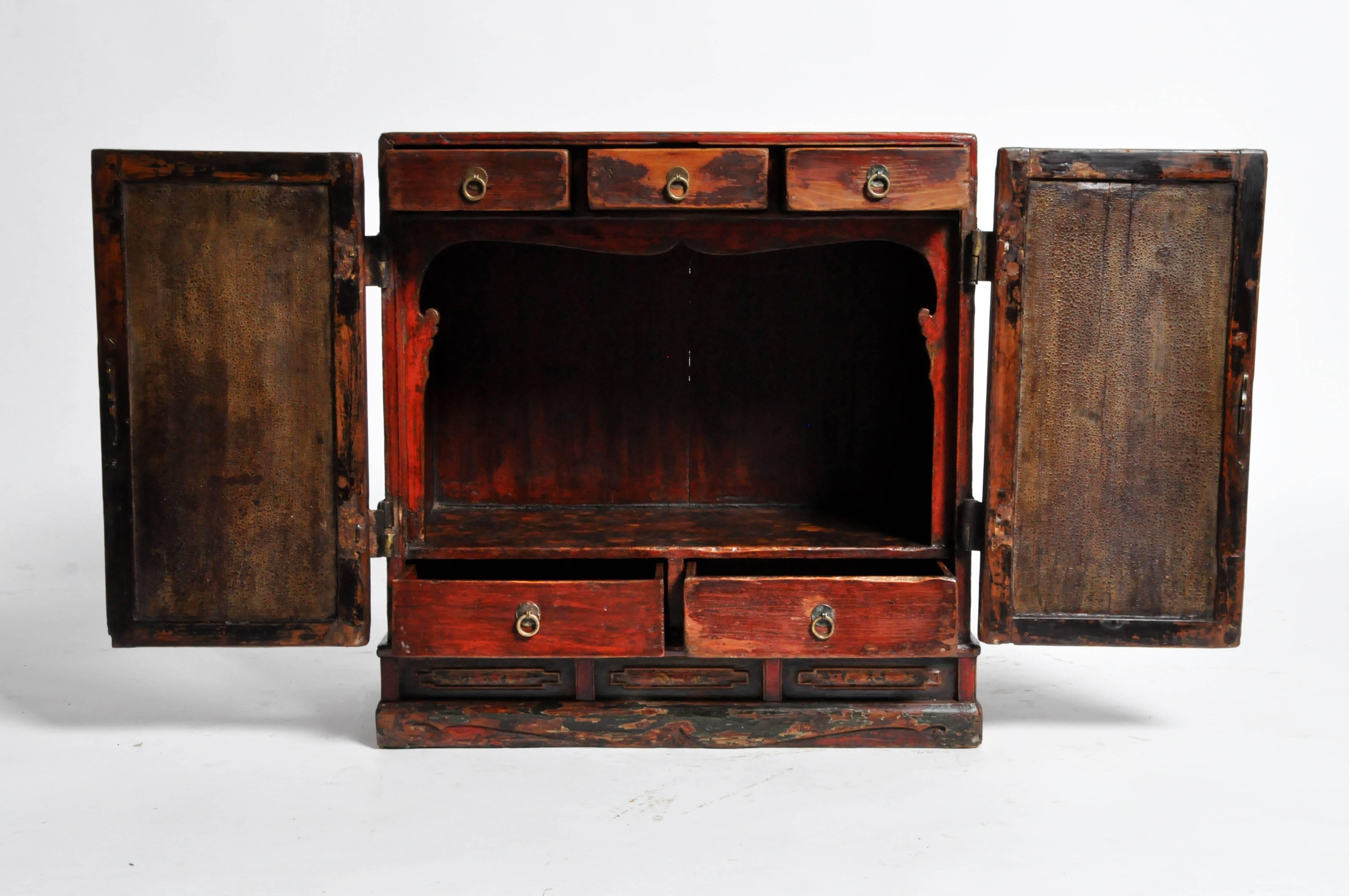 Qing Red Lacquer Chinese Low Chest with Five-Drawers and Original Patina