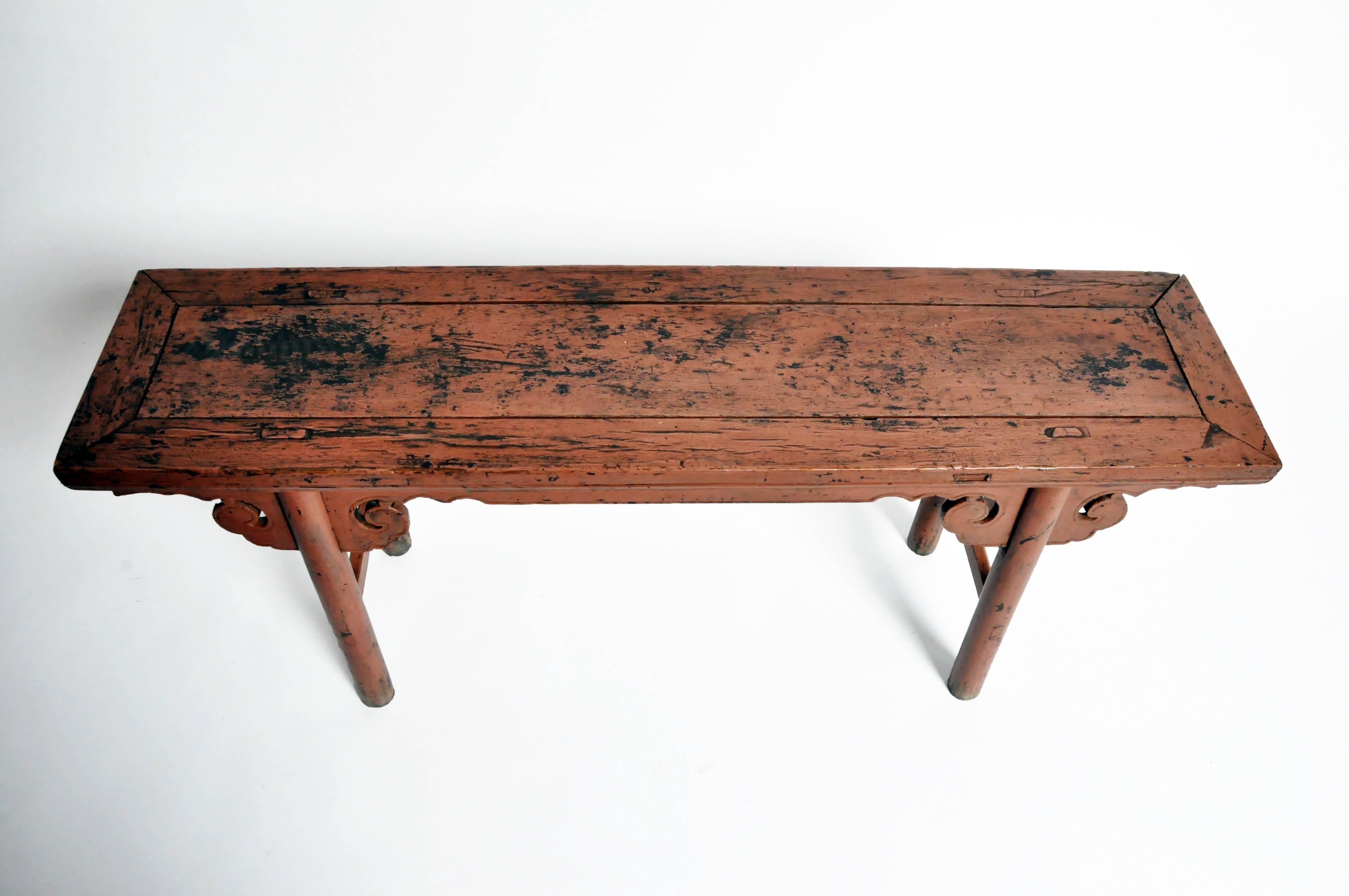 Elm Qing Dynasty Chinese Bench with Original Ox Blood Lacquer