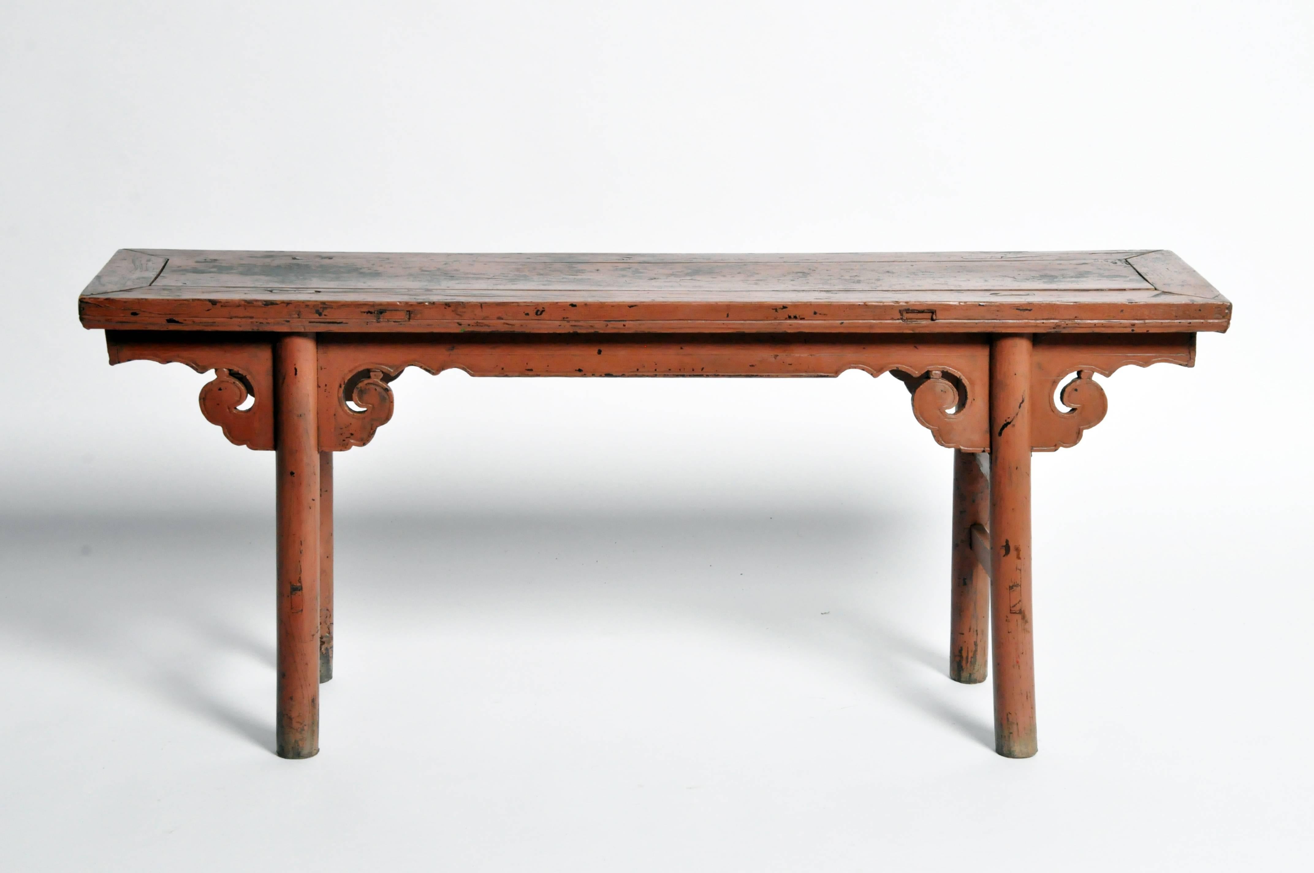 18th Century and Earlier Qing Dynasty Chinese Bench with Original Ox Blood Lacquer