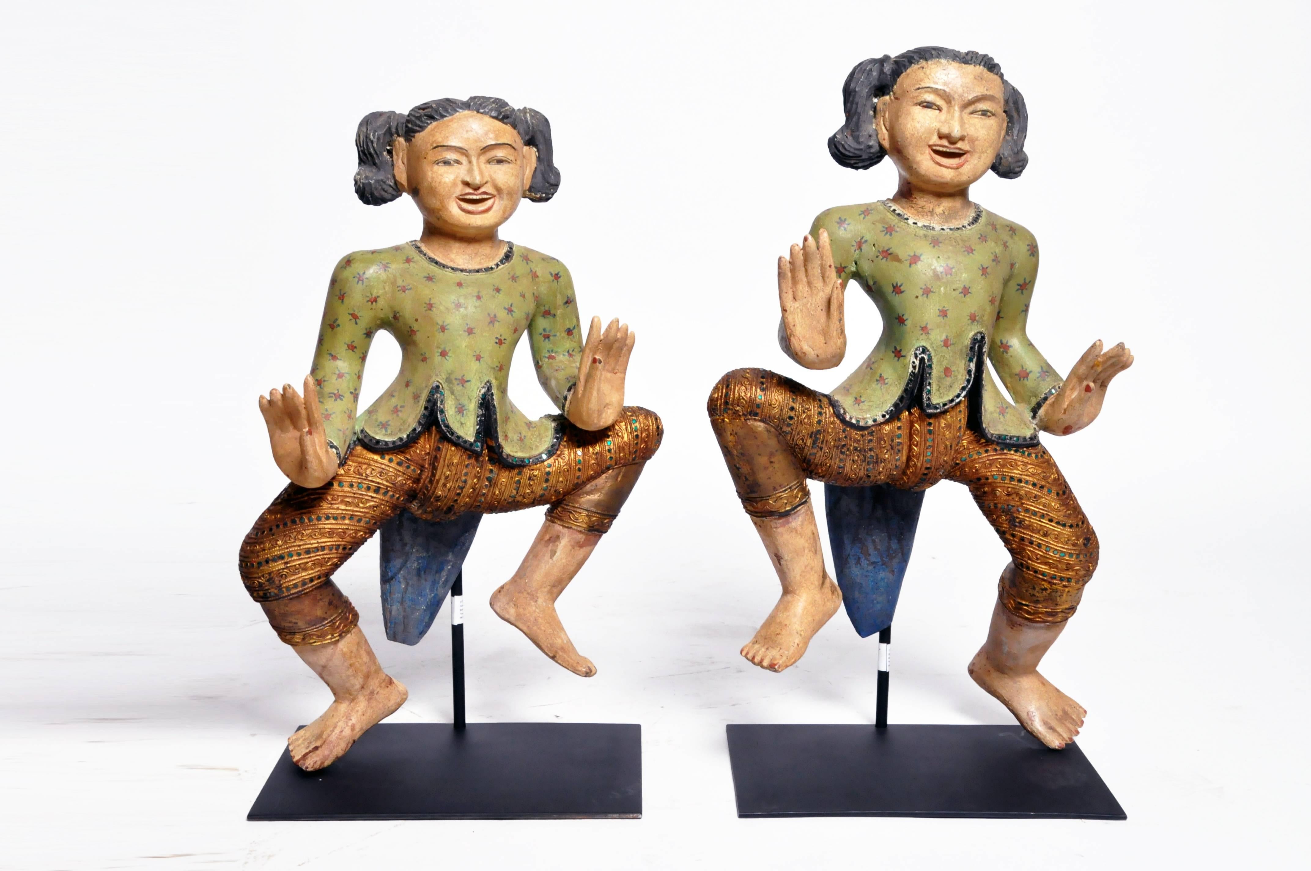 Carved Sculptures of Burmese Dancers In Good Condition In Chicago, IL