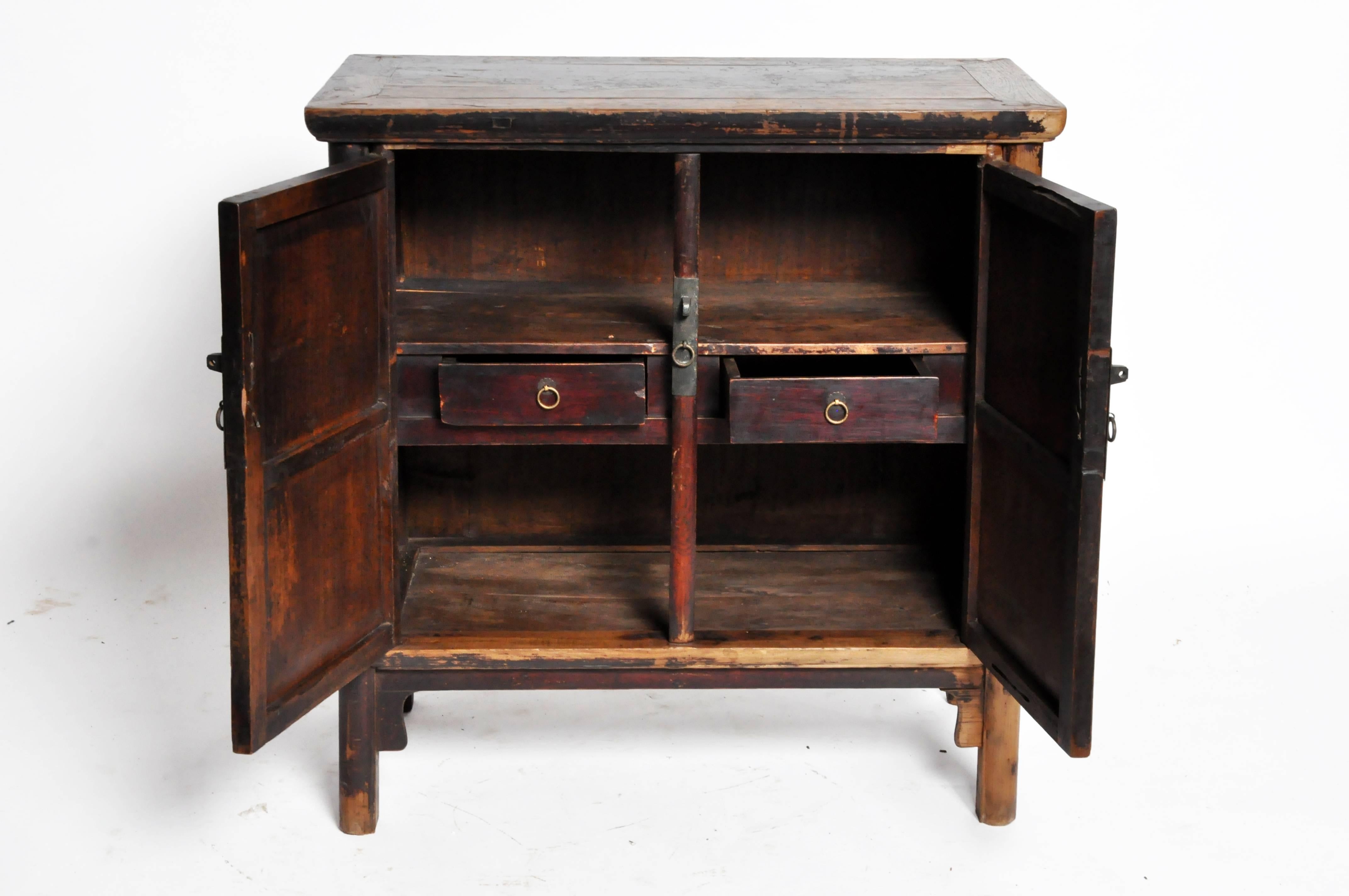 Elm Qing Dynasty Chinese Round Post Chest with Two Drawers and Original Patina