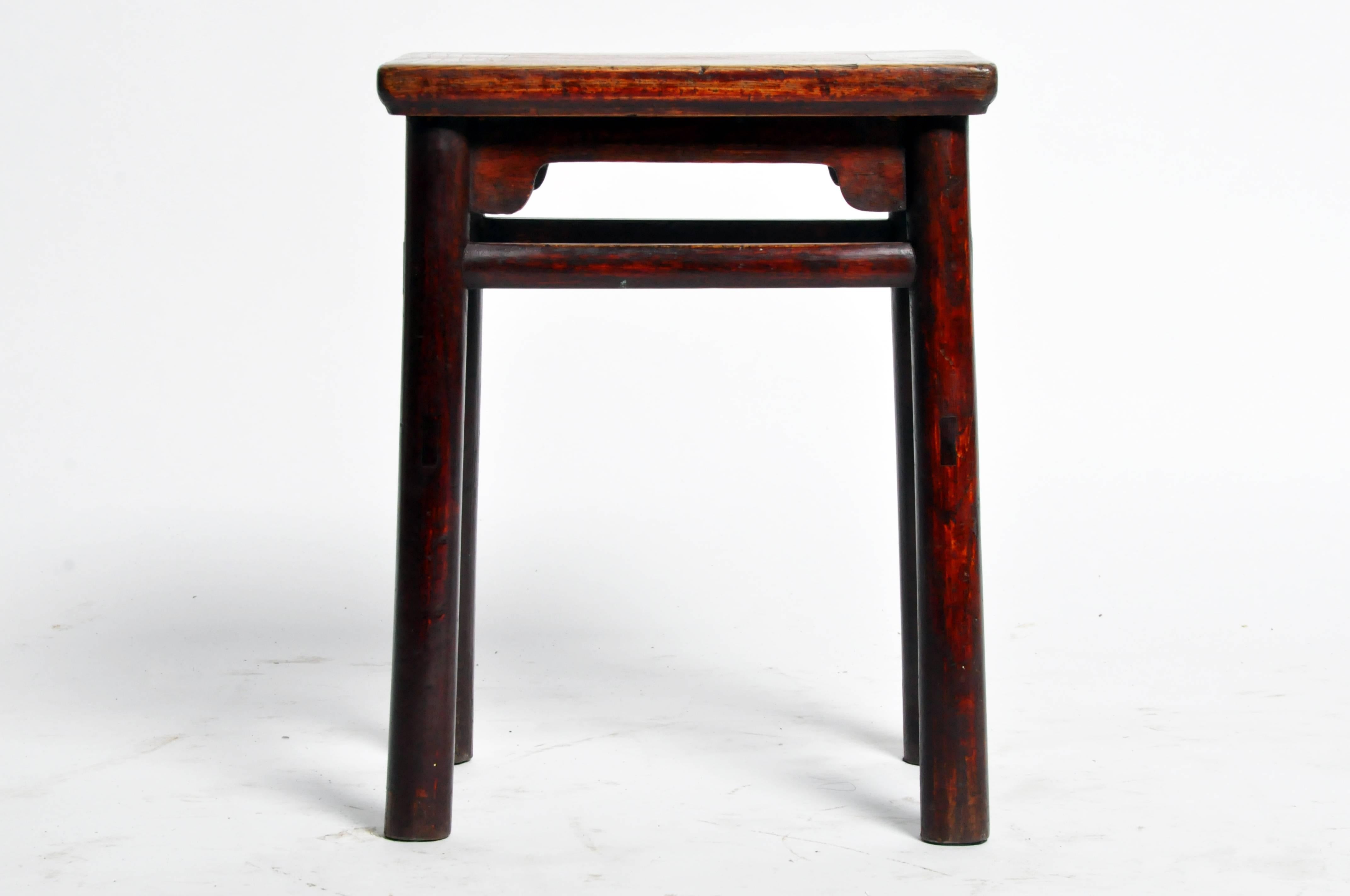 19th Century Qing Dynasty Chinese Stool with Round Legs and Original Lacquer