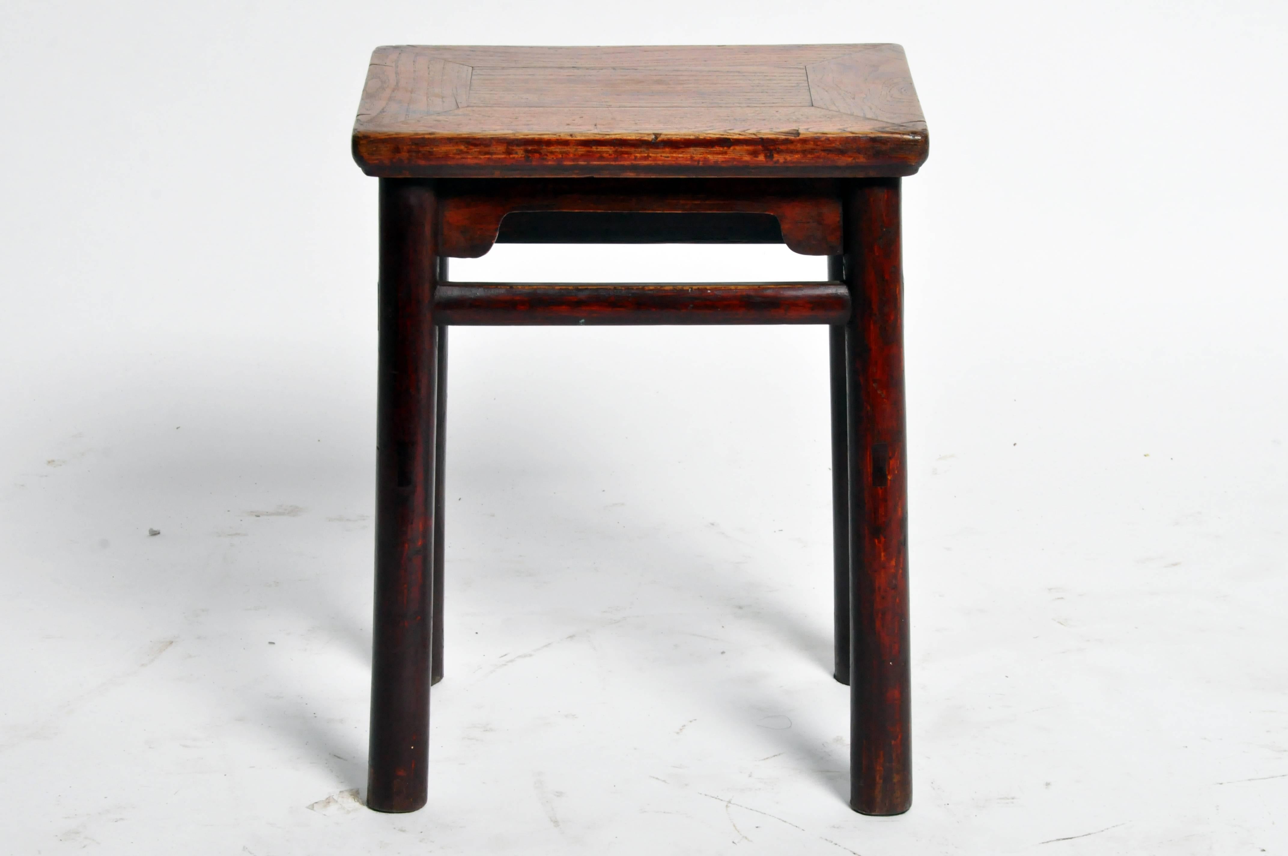 Elm Qing Dynasty Chinese Stool with Round Legs and Original Lacquer