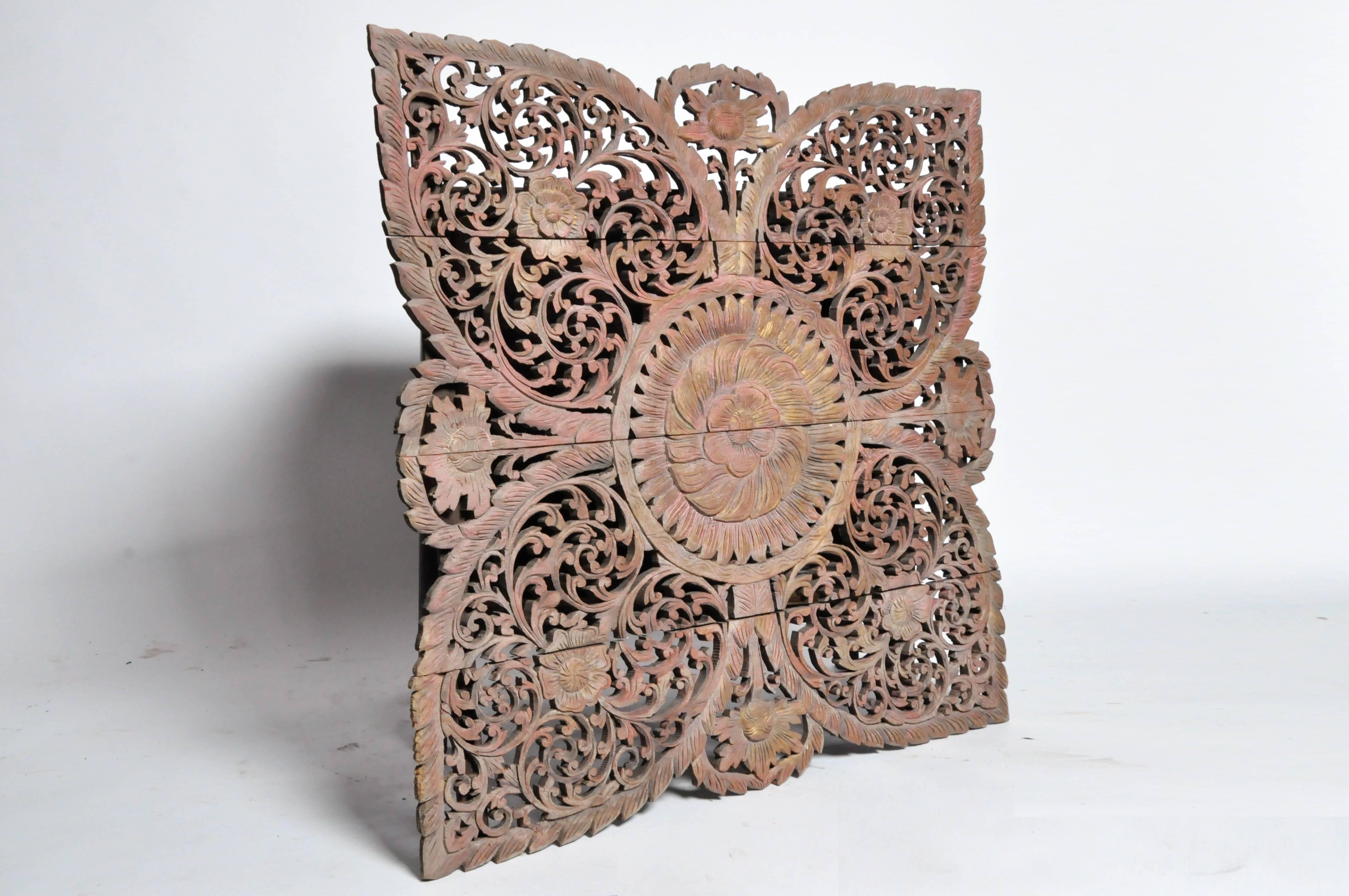 Thai Carved Wall Panel with Flower Motifs
