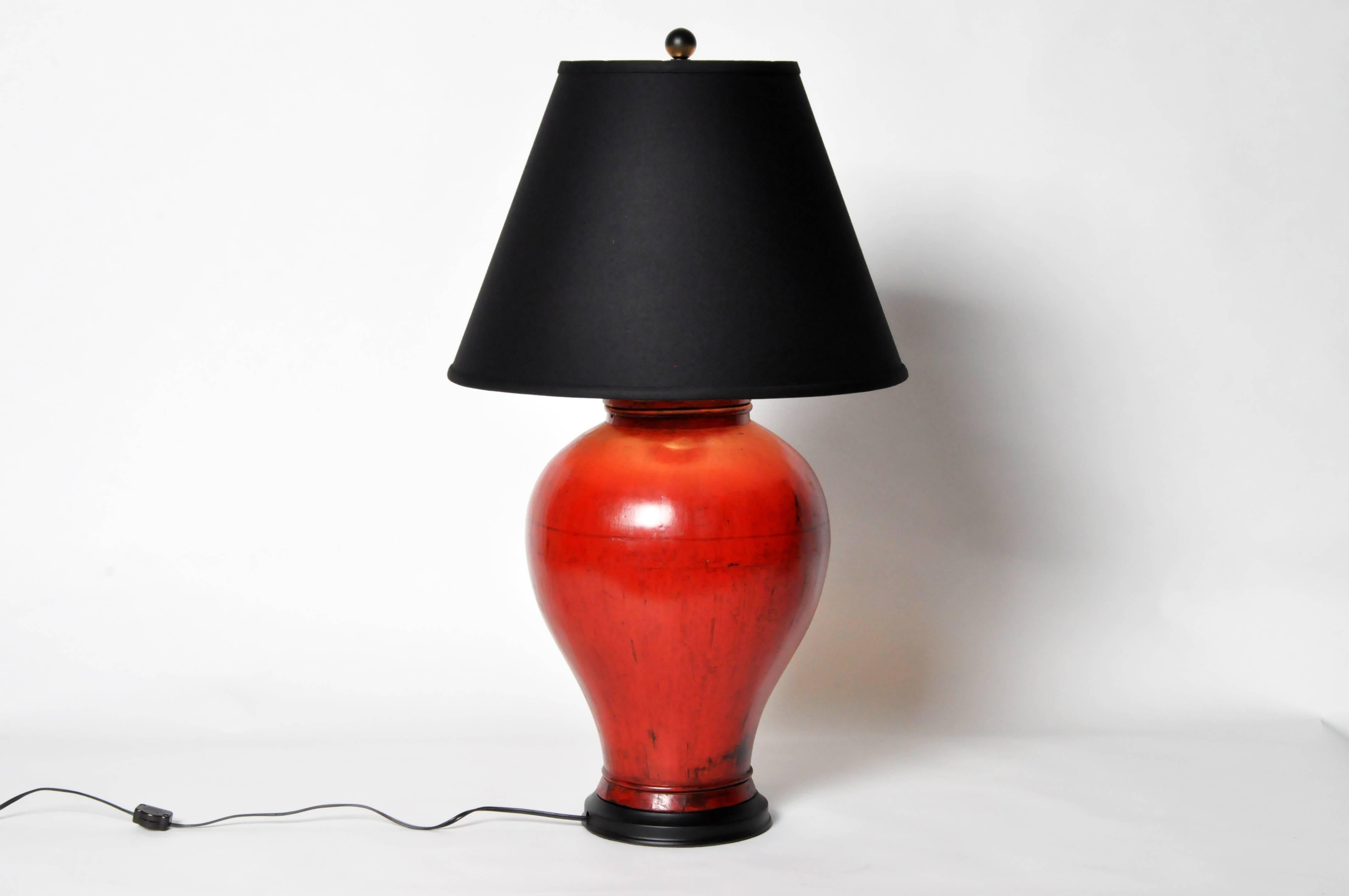 20th Century Pair of Chinese Red Lacquer Canister Table Lamps