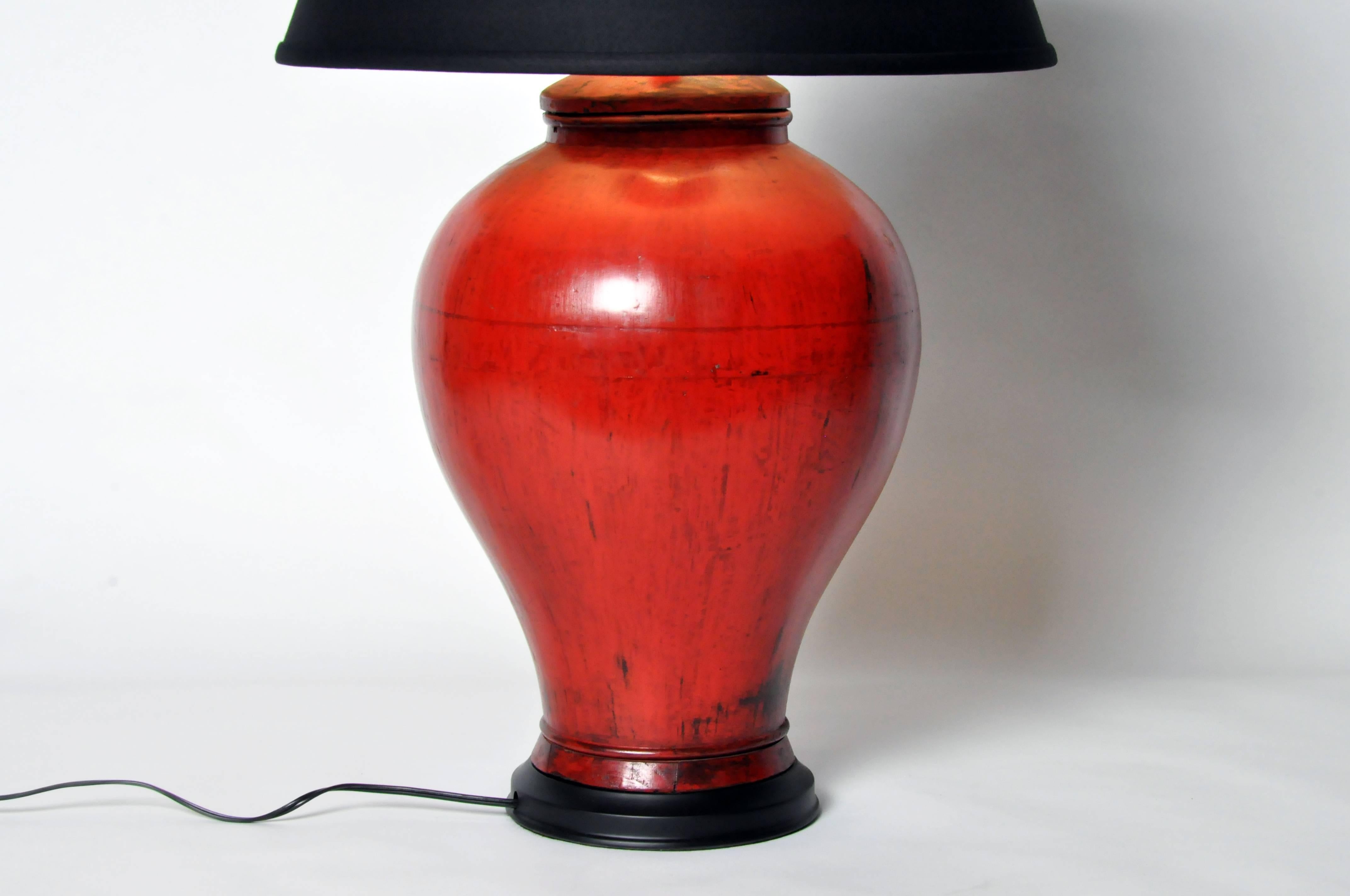 Elm Pair of Chinese Red Lacquer Canister Table Lamps