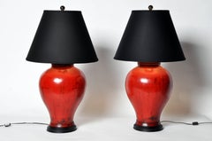 Pair of Chinese Red Lacquer Canister Table Lamps
