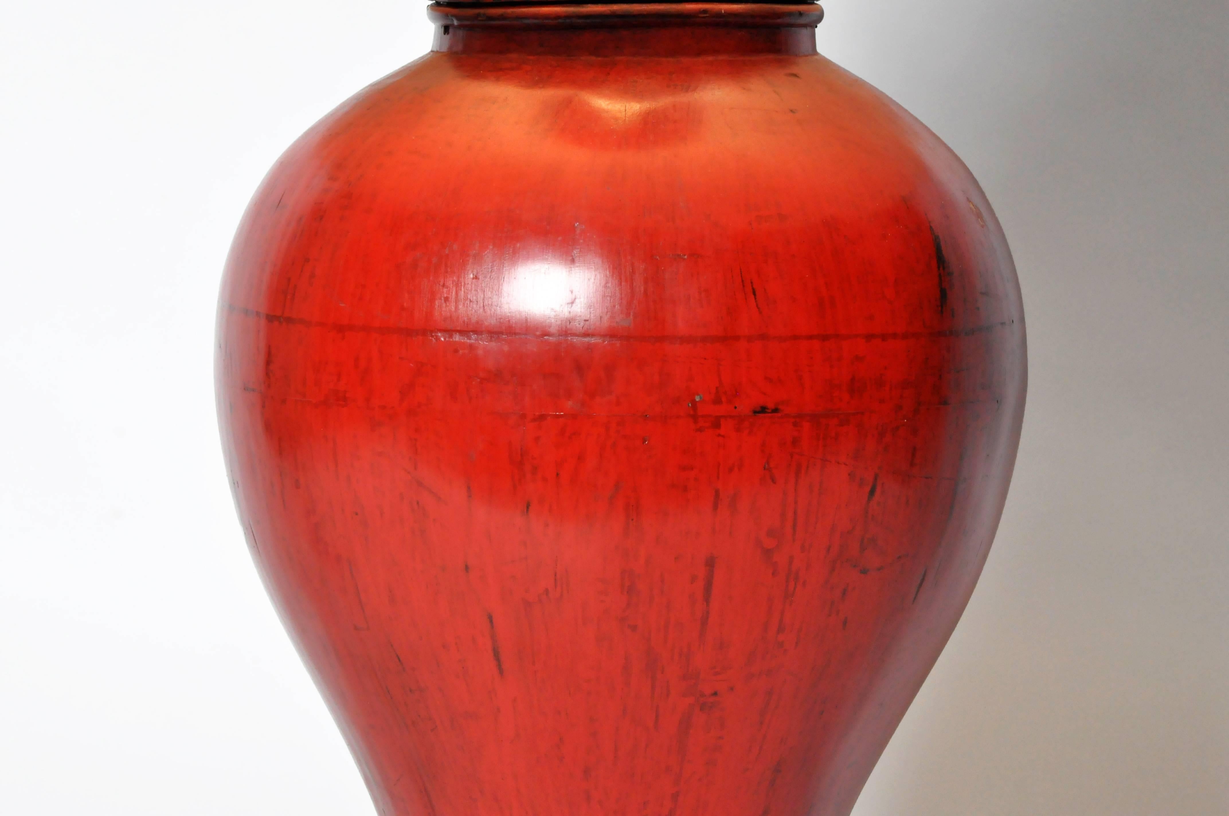 Pair of Chinese Red Lacquer Canister Table Lamps 1