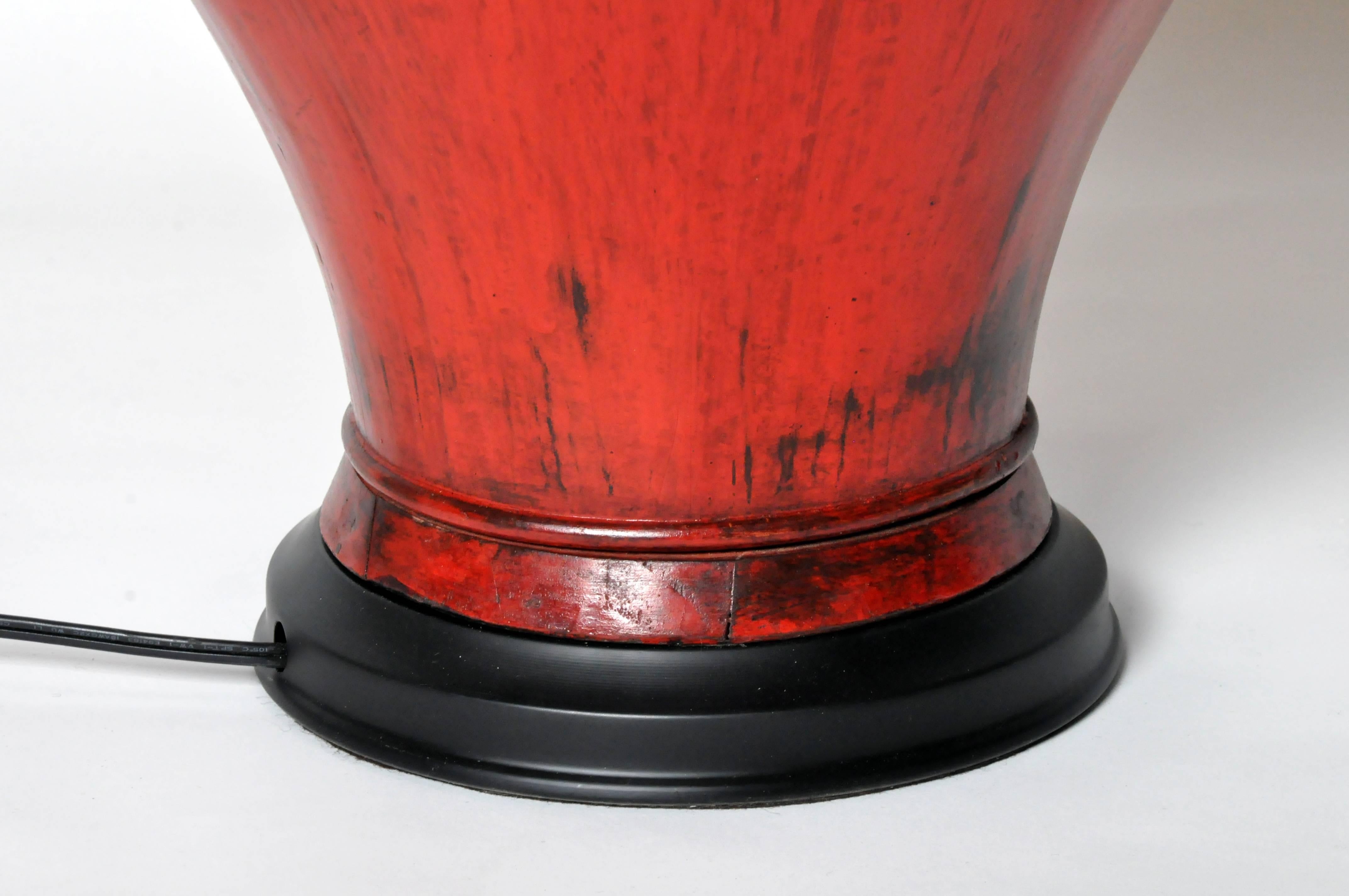 Pair of Chinese Red Lacquer Canister Table Lamps 2