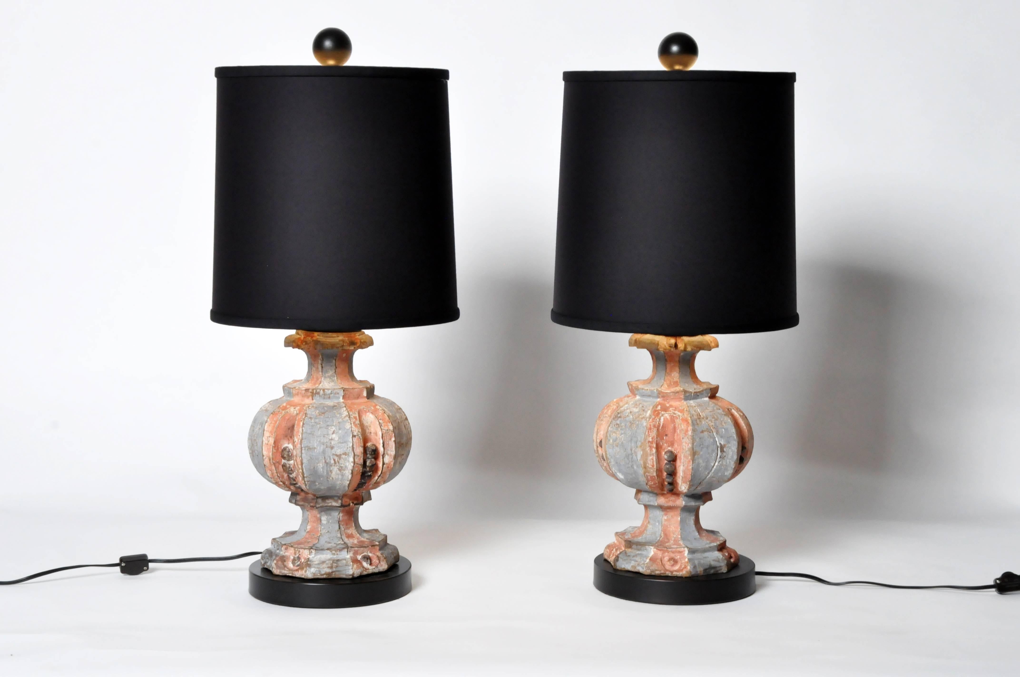 Add a hint of whimsy and romance to your living space with this pair of well-weathered 17th century finals in alternating shades of pink and blue that have been converted to table lamps. 