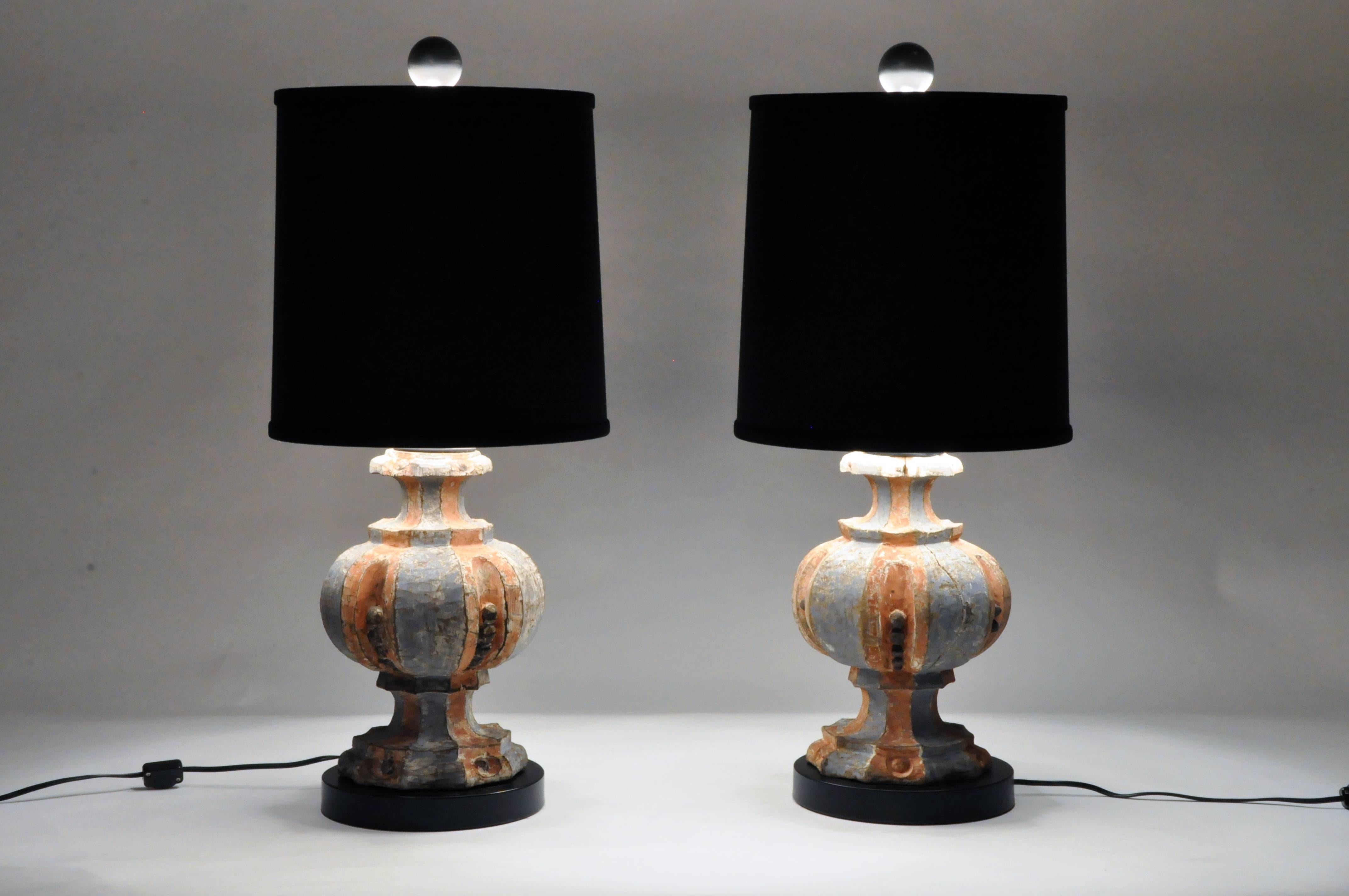 Italian Pair of Wooden Finials Lamps