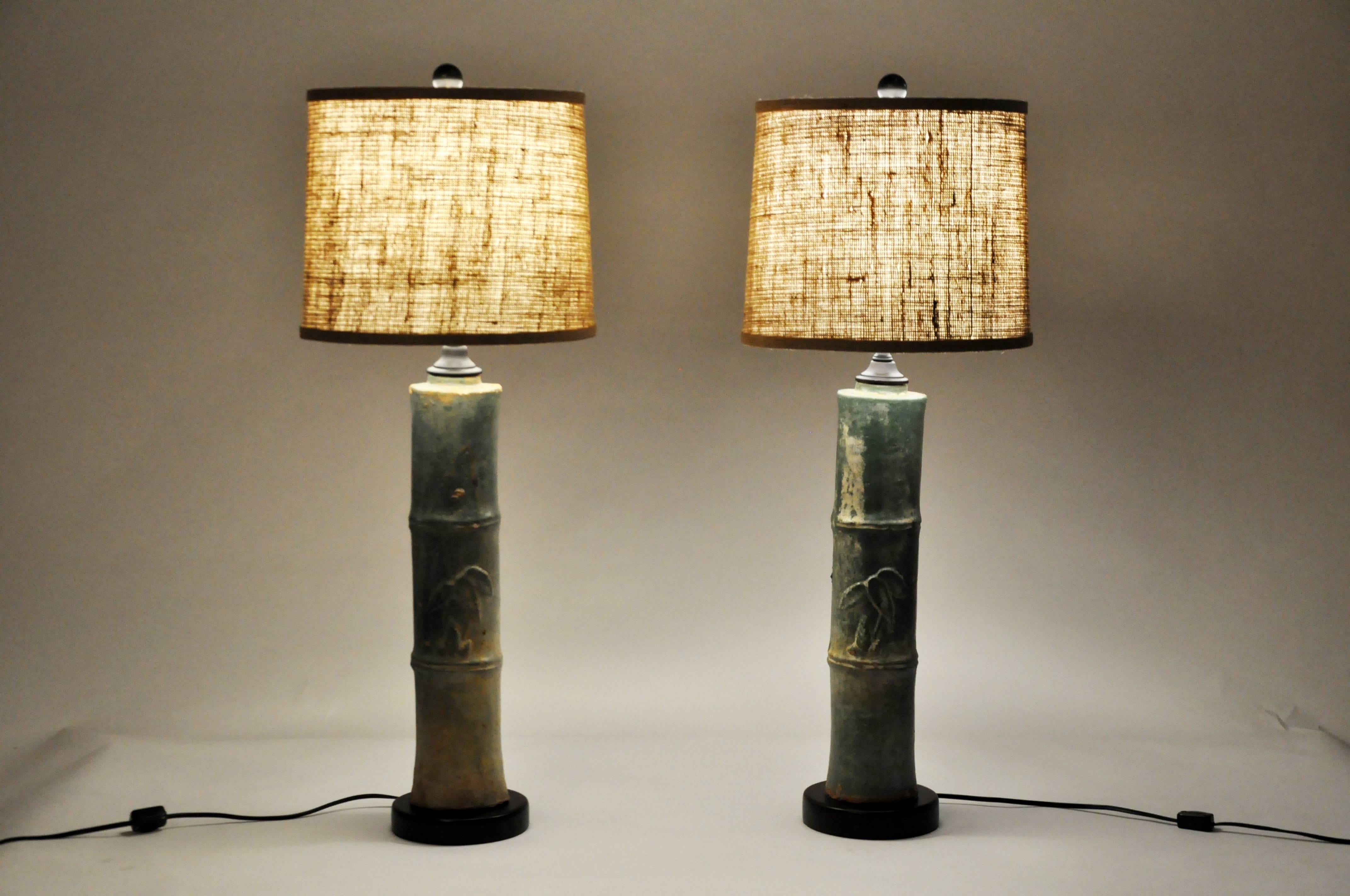 These ceramic bamboo trunks is from Vietnam and they have been converted to lamps. They have been wired for use in the U.S. Price is for each lamp.