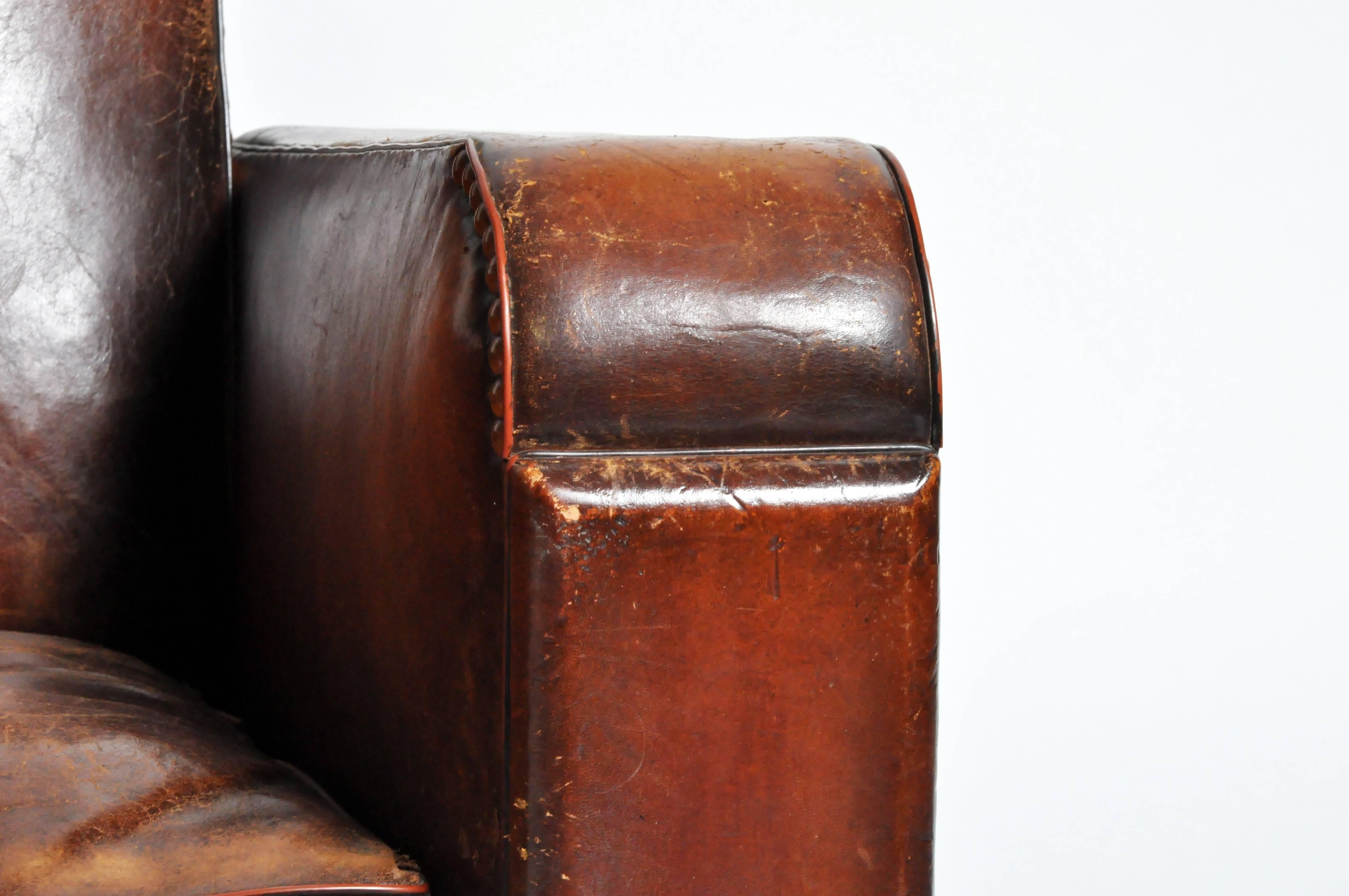 Art Deco French Leather Club Chair with Original Patina 1