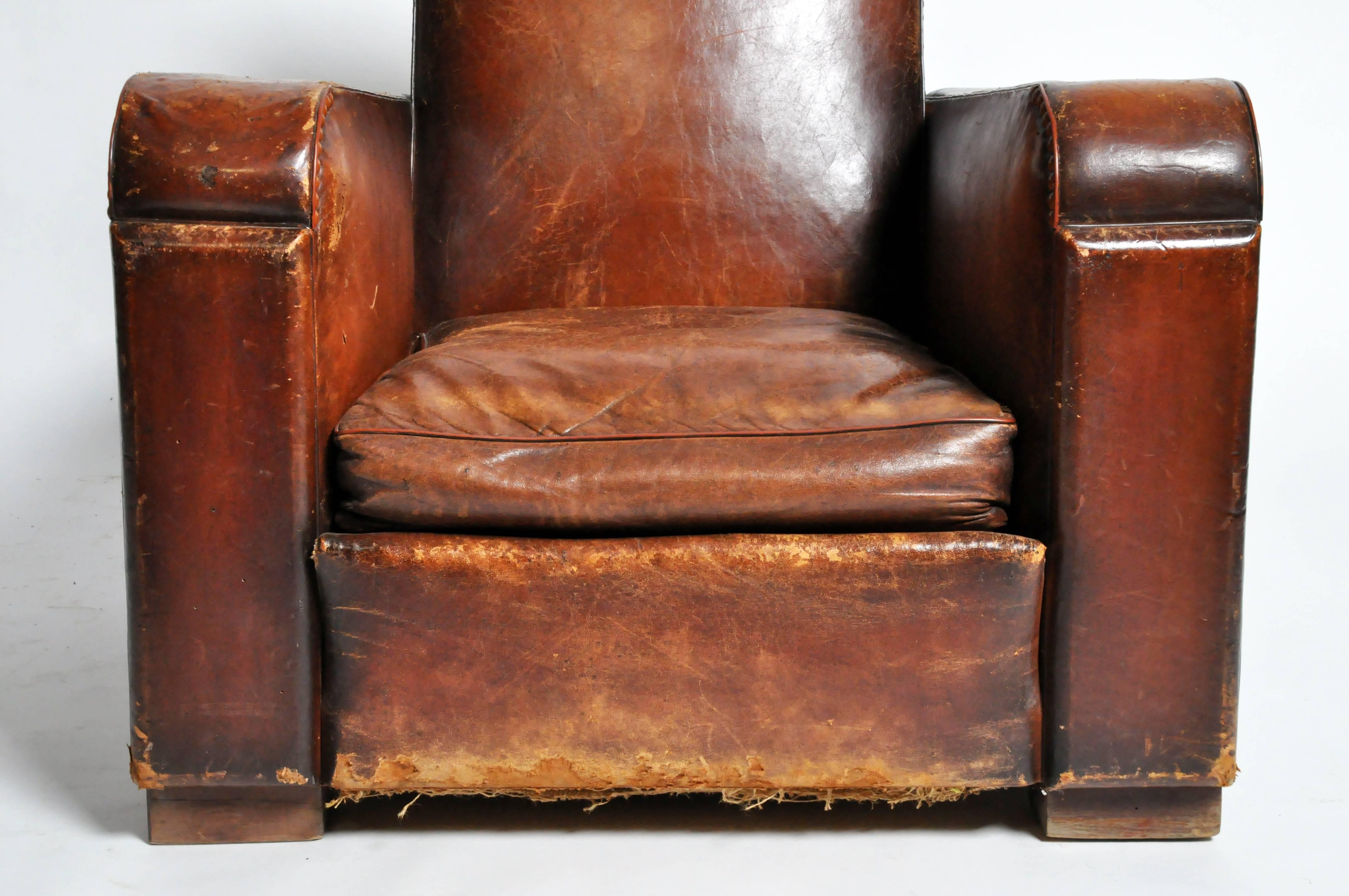 Mid-20th Century Art Deco French Leather Club Chair with Original Patina
