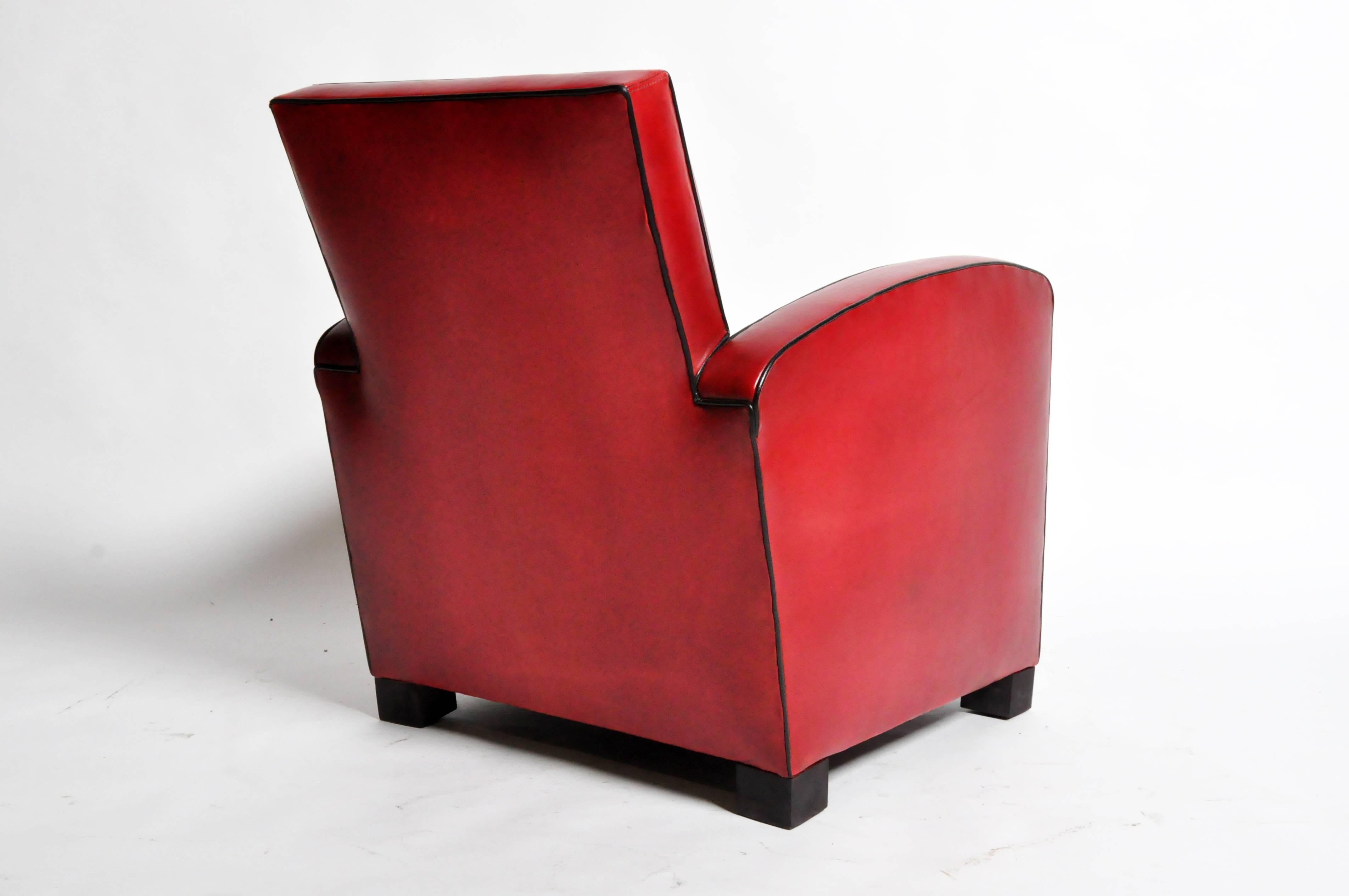 Contemporary Pair of Parisian Red Leather Club Chairs with Black Piping