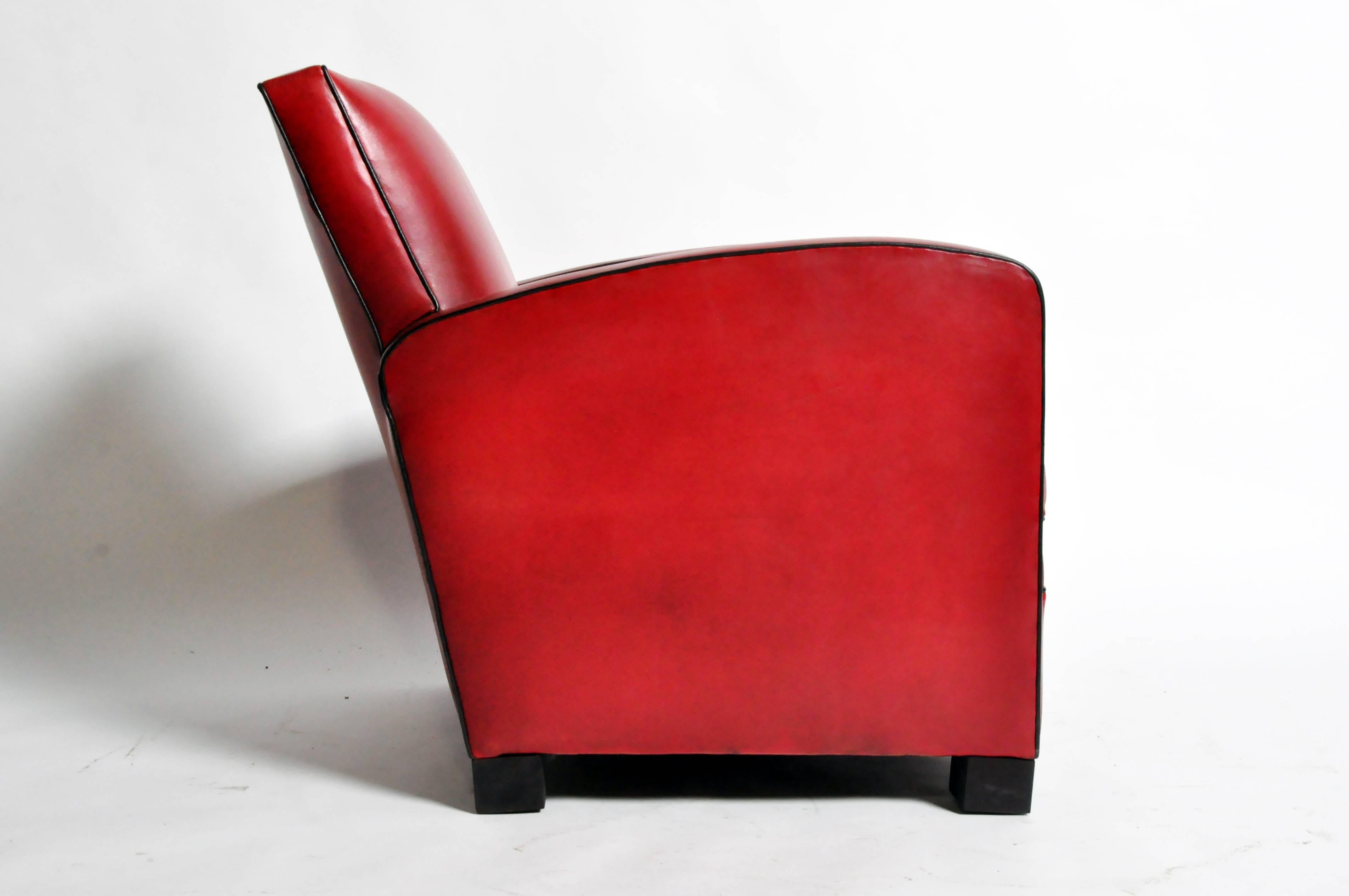 Pair of Parisian Red Leather Club Chairs with Black Piping In Good Condition In Chicago, IL