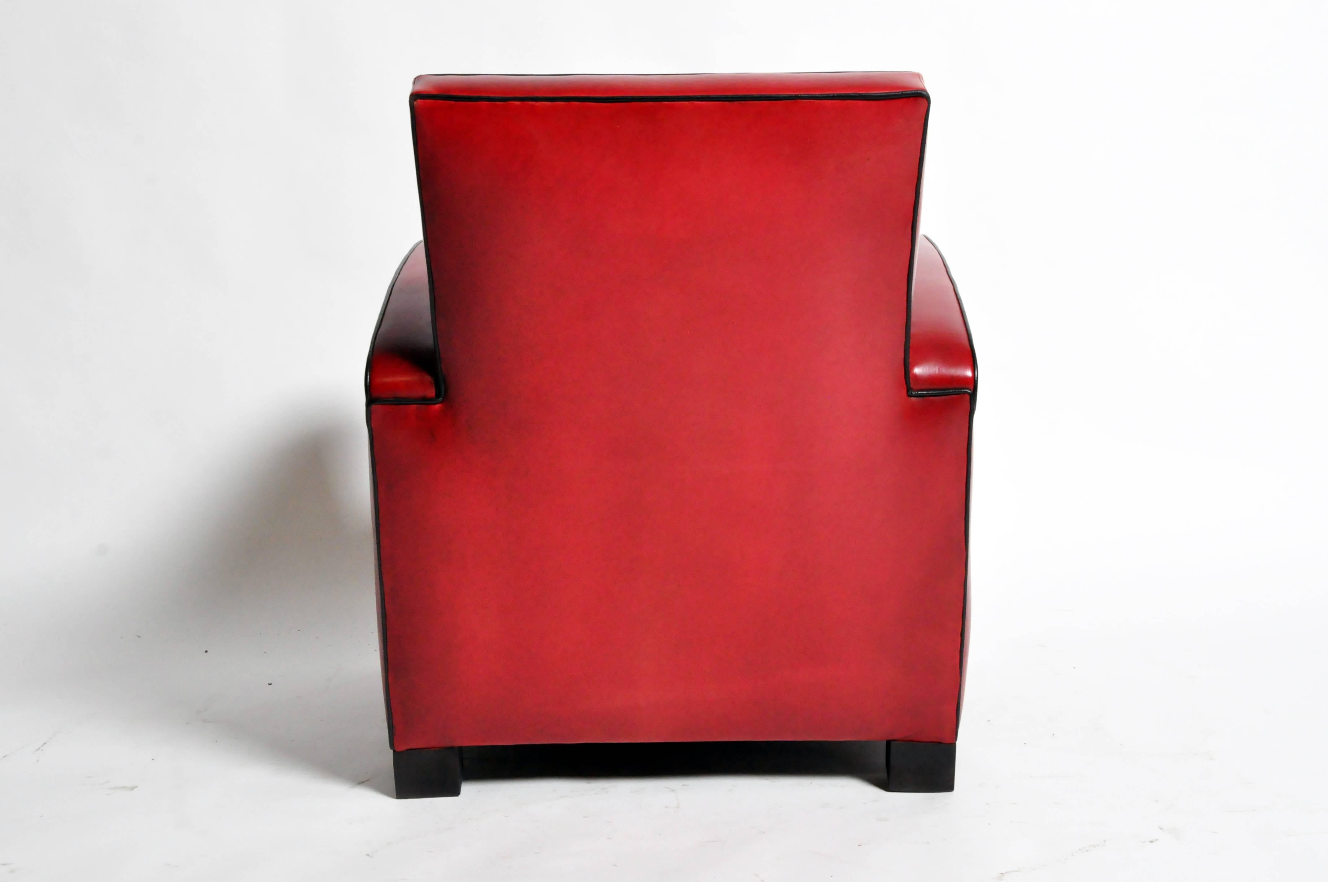 Lambskin Pair of Parisian Red Leather Club Chairs with Black Piping