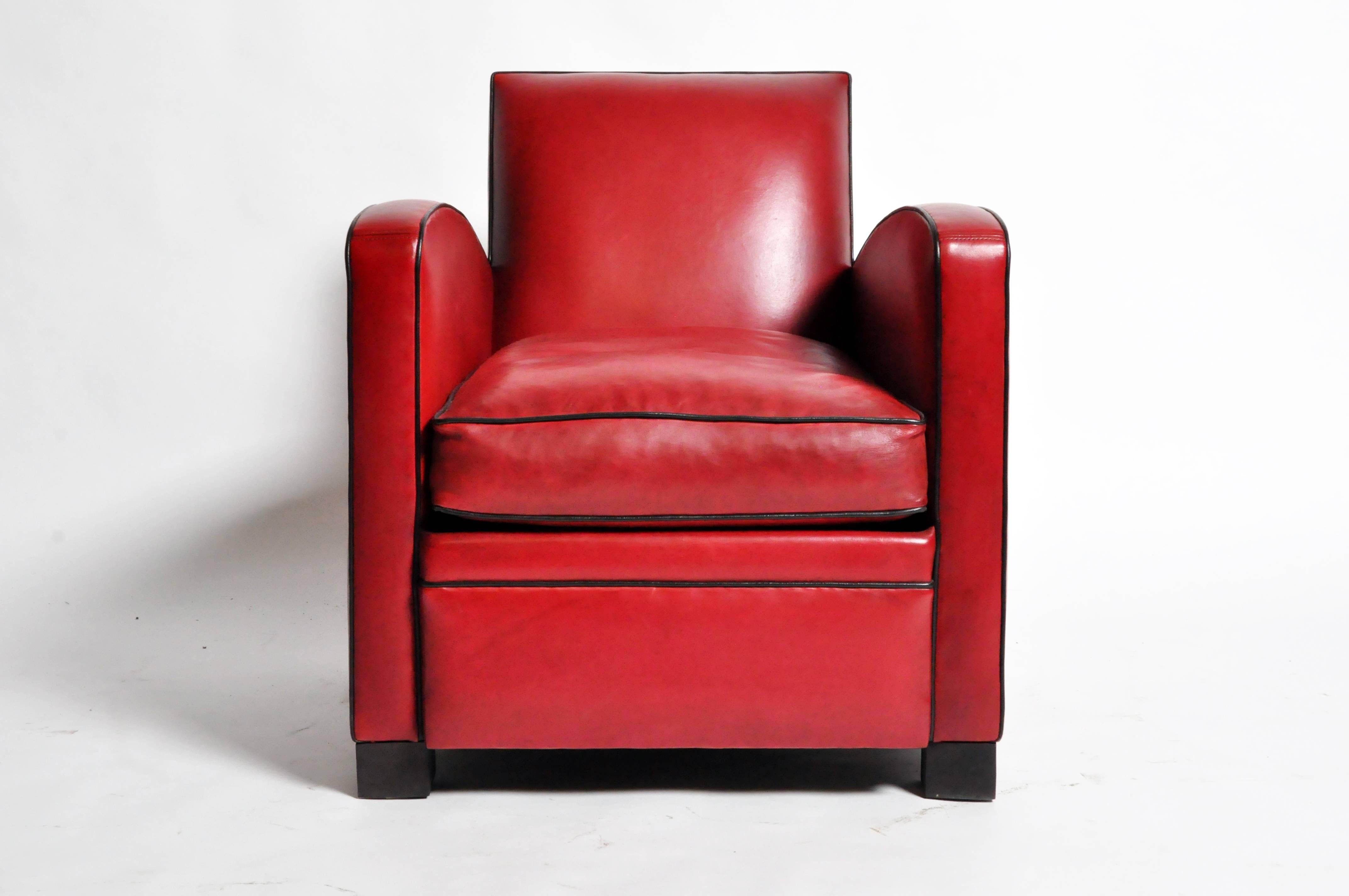 This gorgeous pair of newly made Parisian Club Chairs are from France and was made from lamb leather. They feature black piping and are ideal to add a pop of red to any room.

Additional dimensions: 20