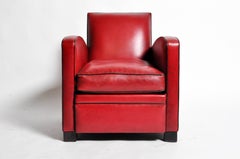 Pair of Parisian Red Leather Club Chairs with Black Piping