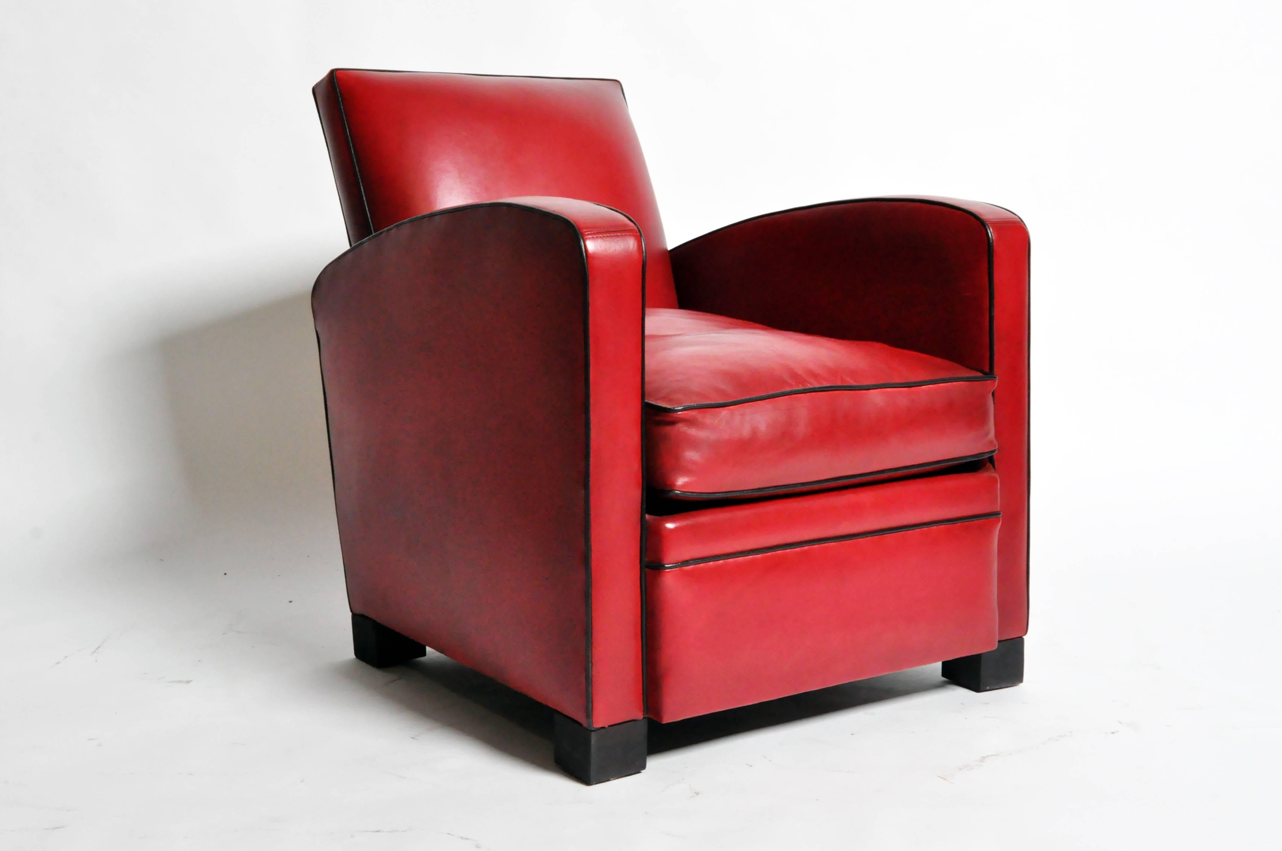 French Pair of Parisian Red Leather Club Chairs with Black Piping
