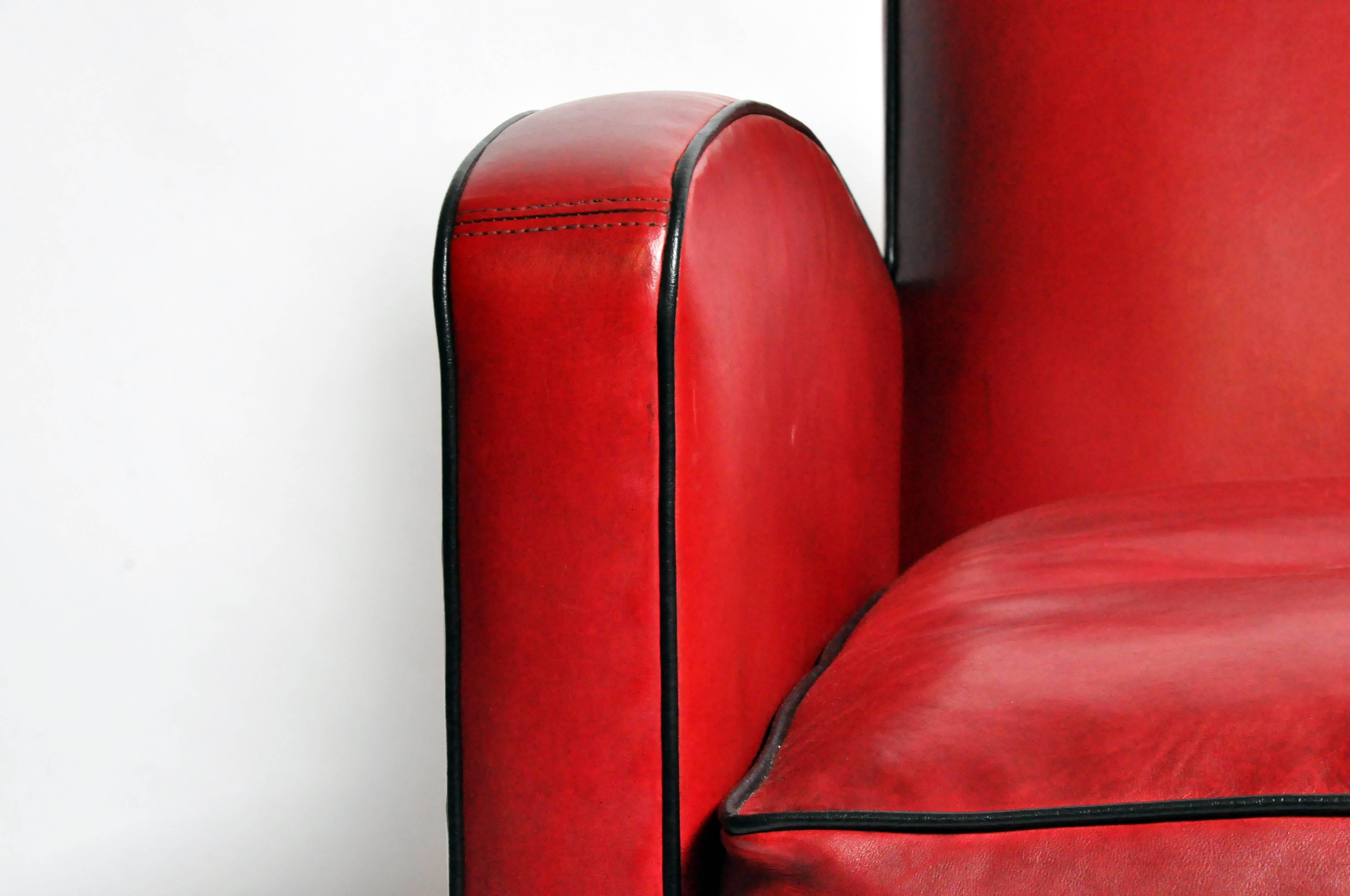 Pair of Parisian Red Leather Club Chairs with Black Piping 3