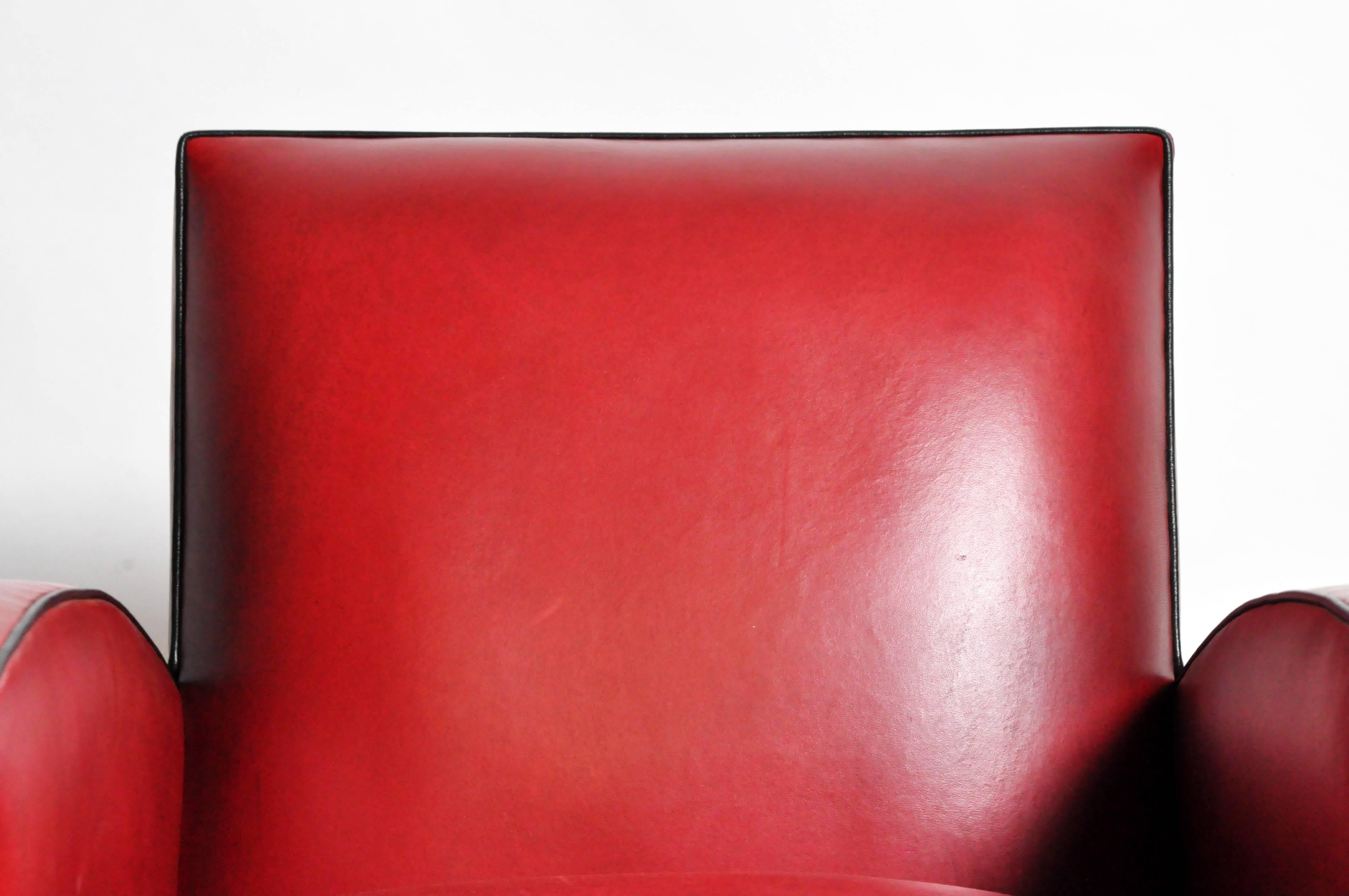 Pair of Parisian Red Leather Club Chairs with Black Piping 1