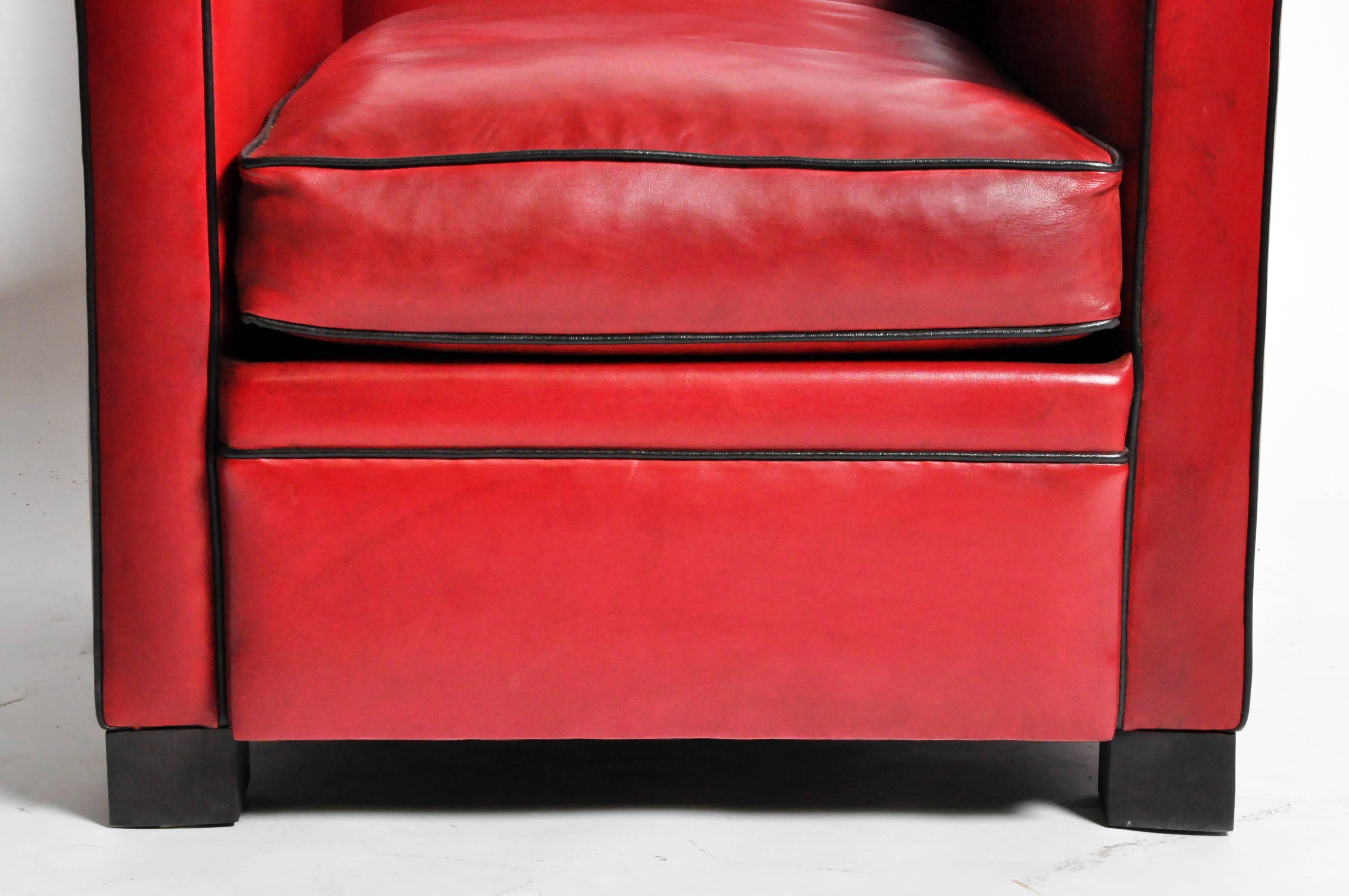 Pair of Parisian Red Leather Club Chairs with Black Piping 2