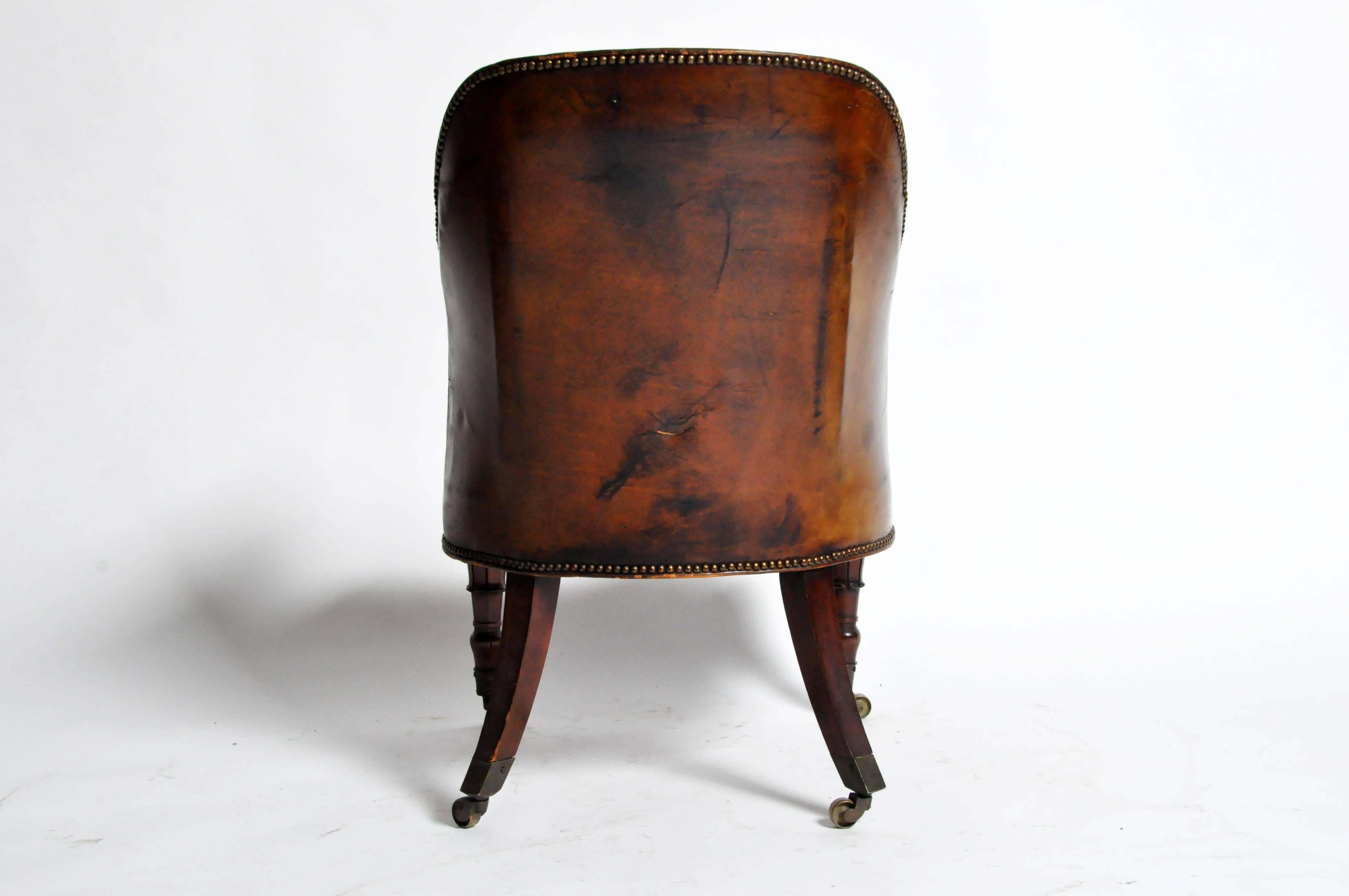 19th Century Napoleon III Round Back Leather Chair with Original Brass Casters In Good Condition In Chicago, IL