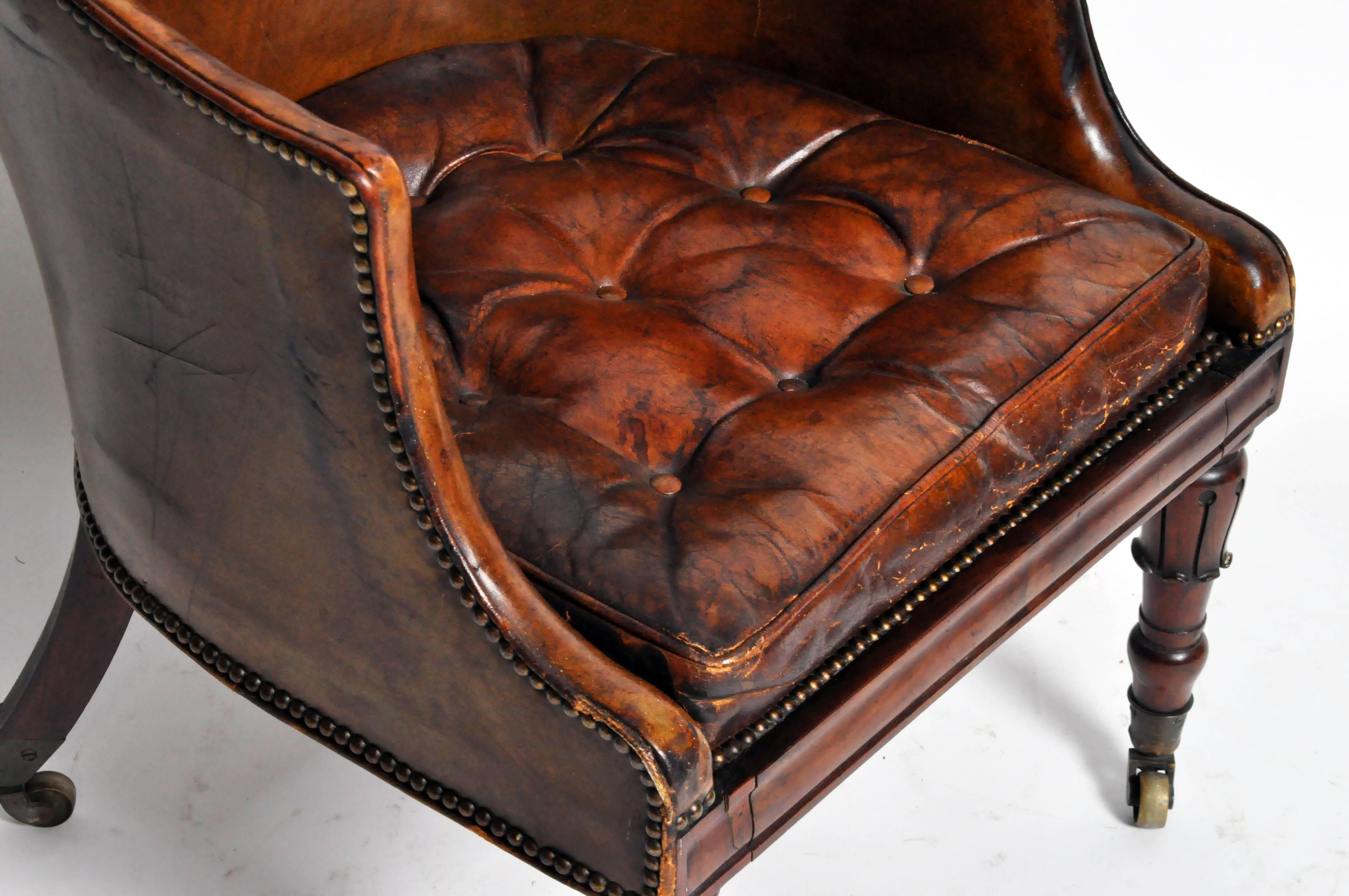 19th Century Napoleon III Round Back Leather Chair with Original Brass Casters 1