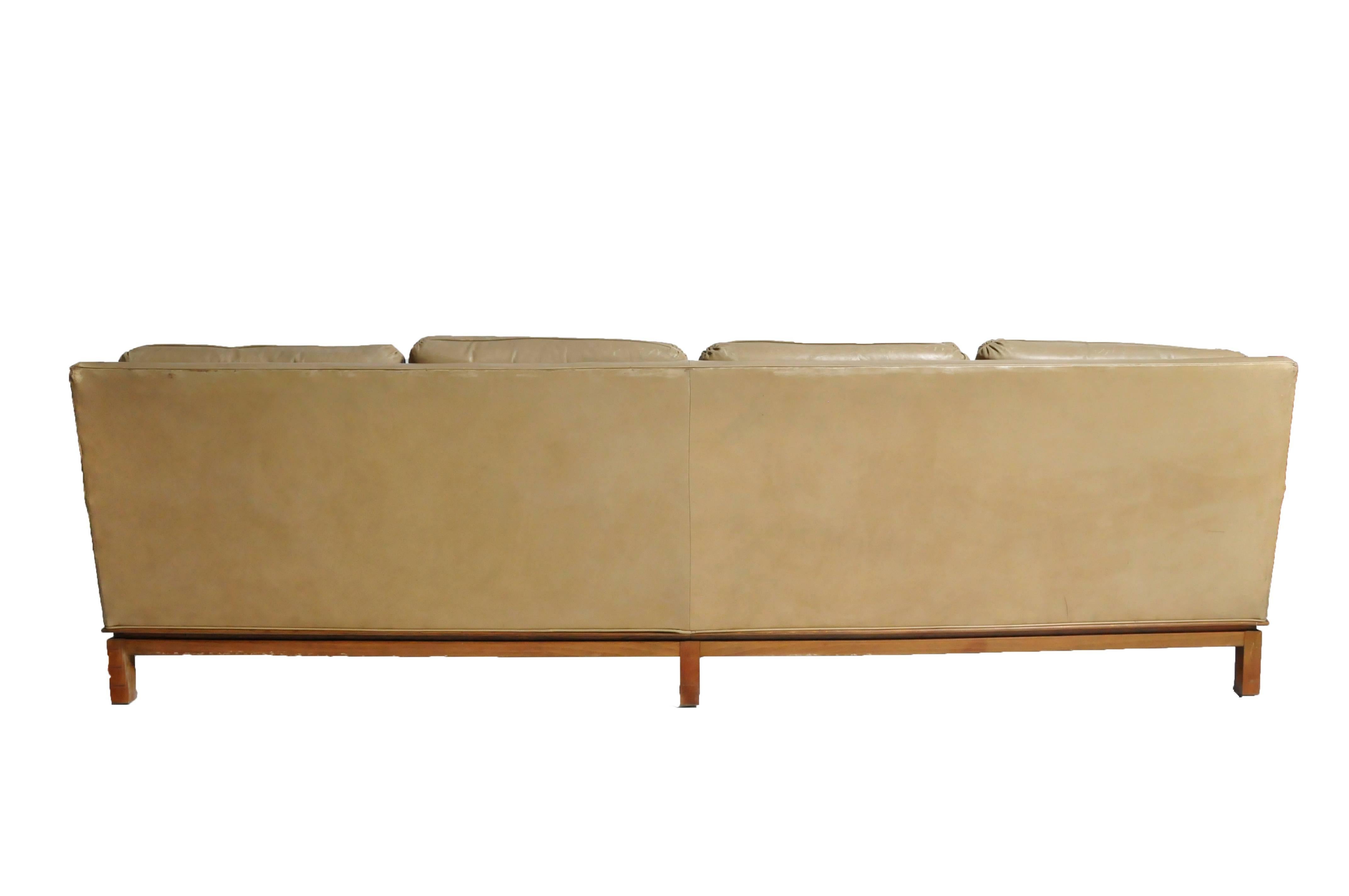 Mid-Century Modern Green Leather Sofa with Hardwood Base In Good Condition In Chicago, IL