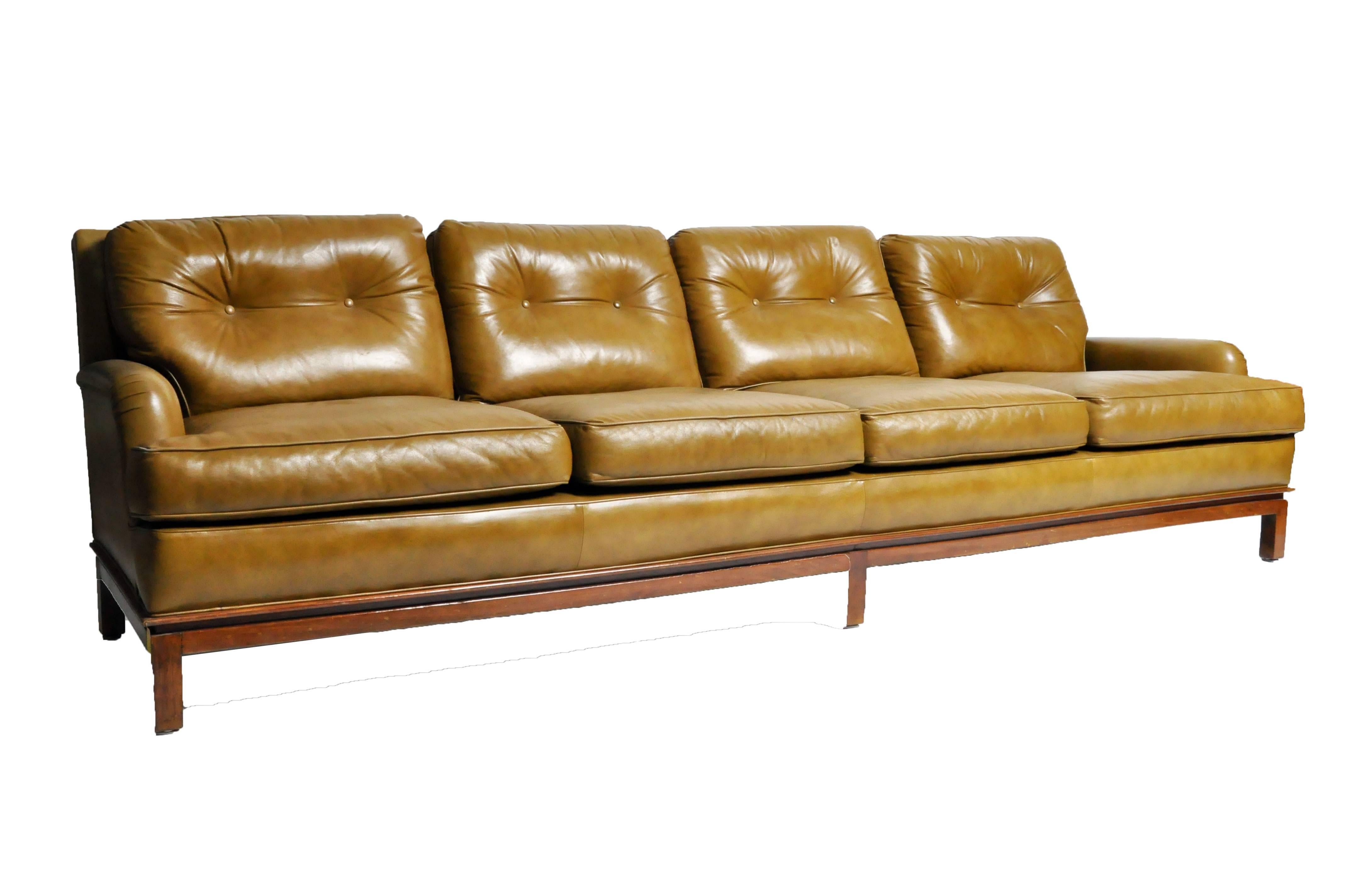 American Mid-Century Modern Green Leather Sofa with Hardwood Base
