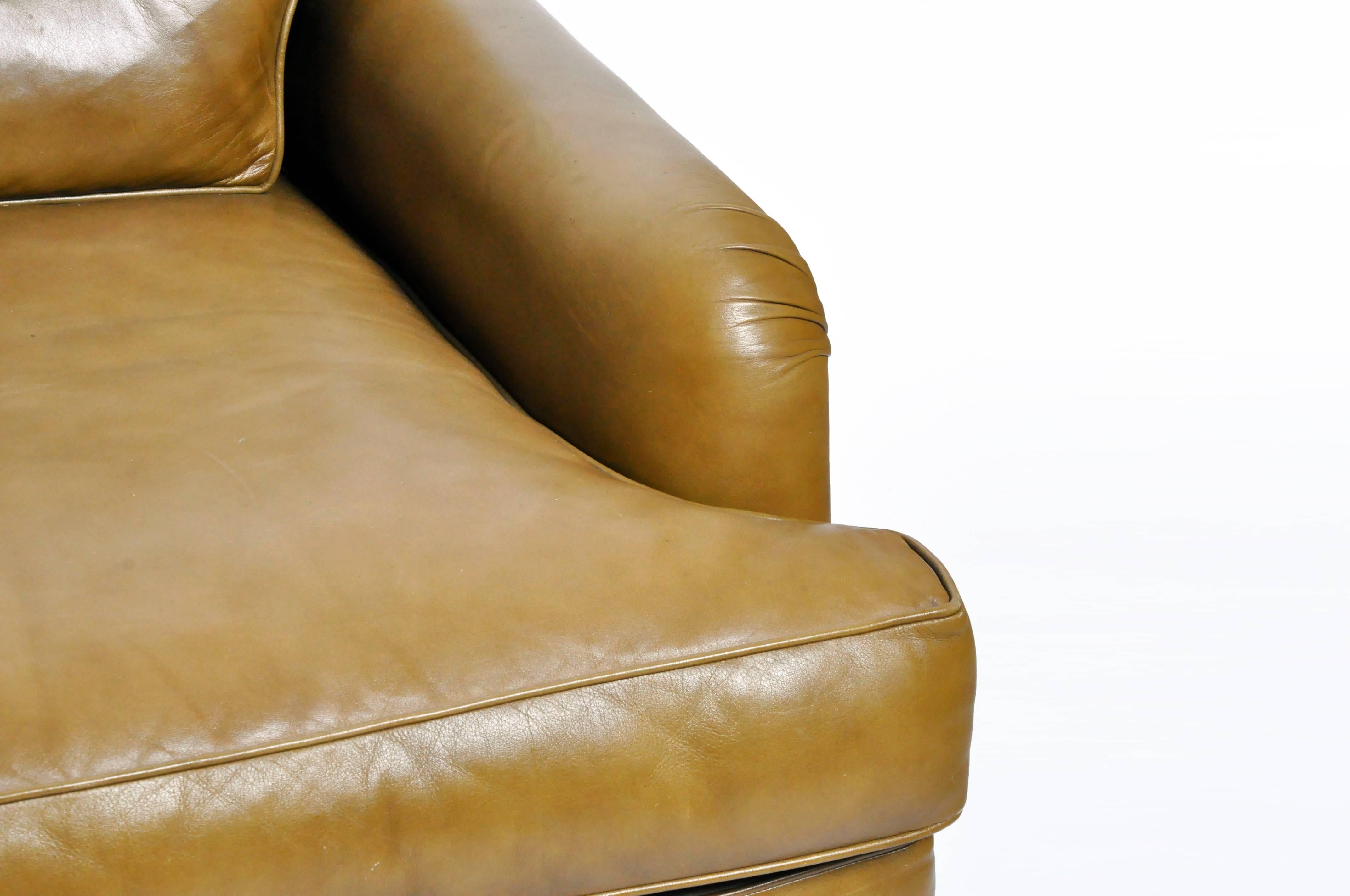 Mid-Century Modern Green Leather Sofa with Hardwood Base 3