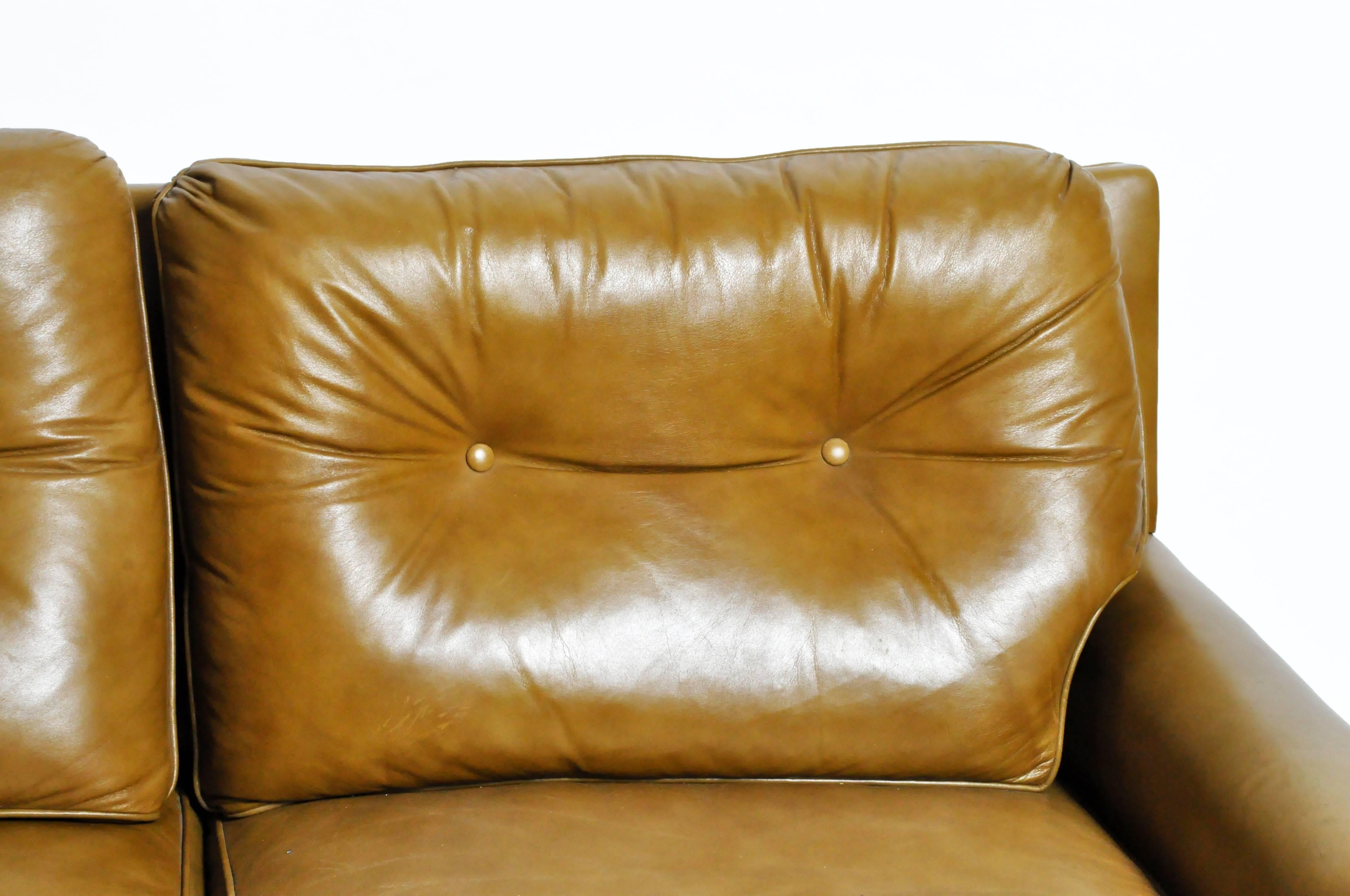 Mid-Century Modern Green Leather Sofa with Hardwood Base 2
