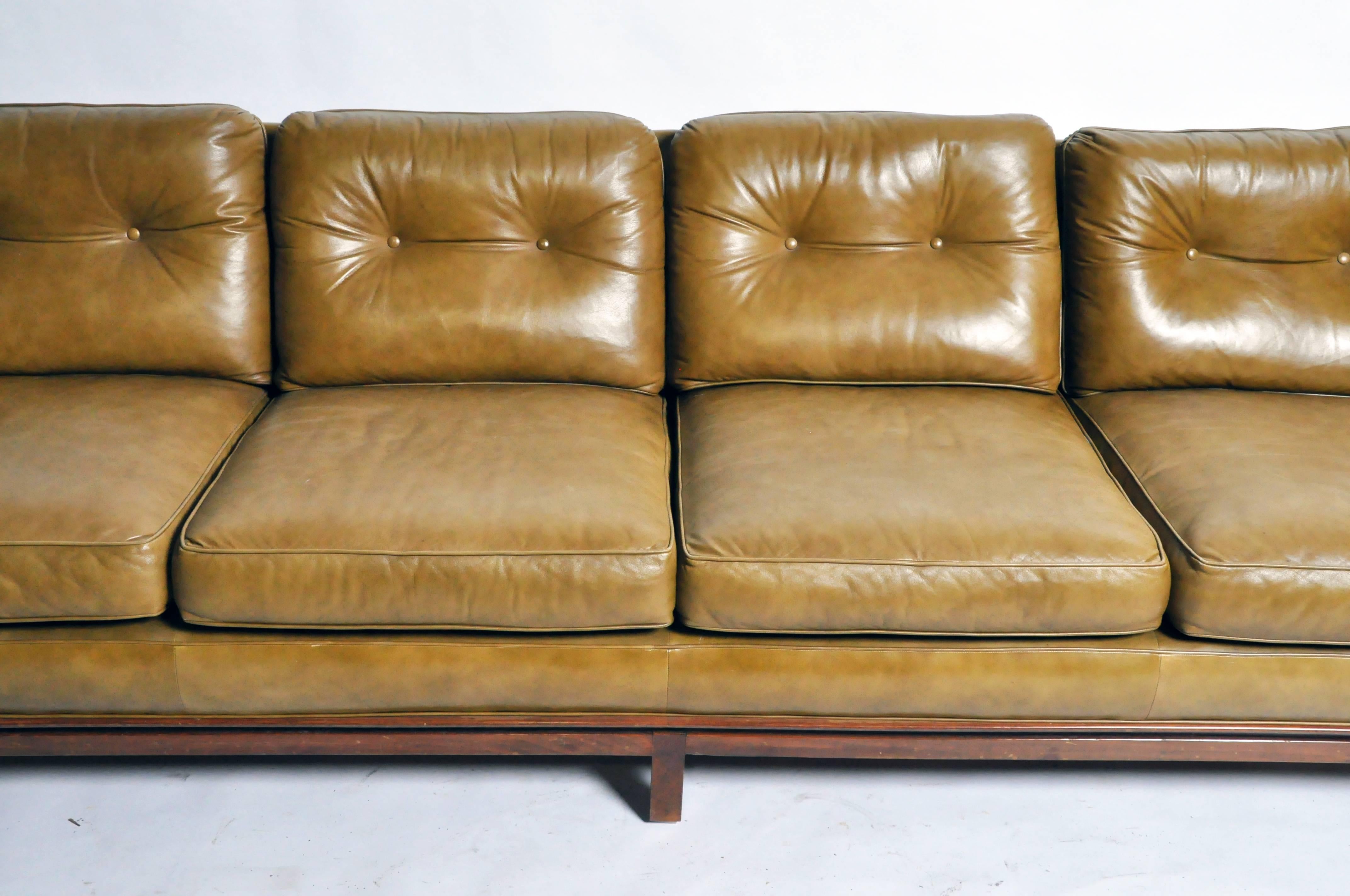 Mid-Century Modern Green Leather Sofa with Hardwood Base 1