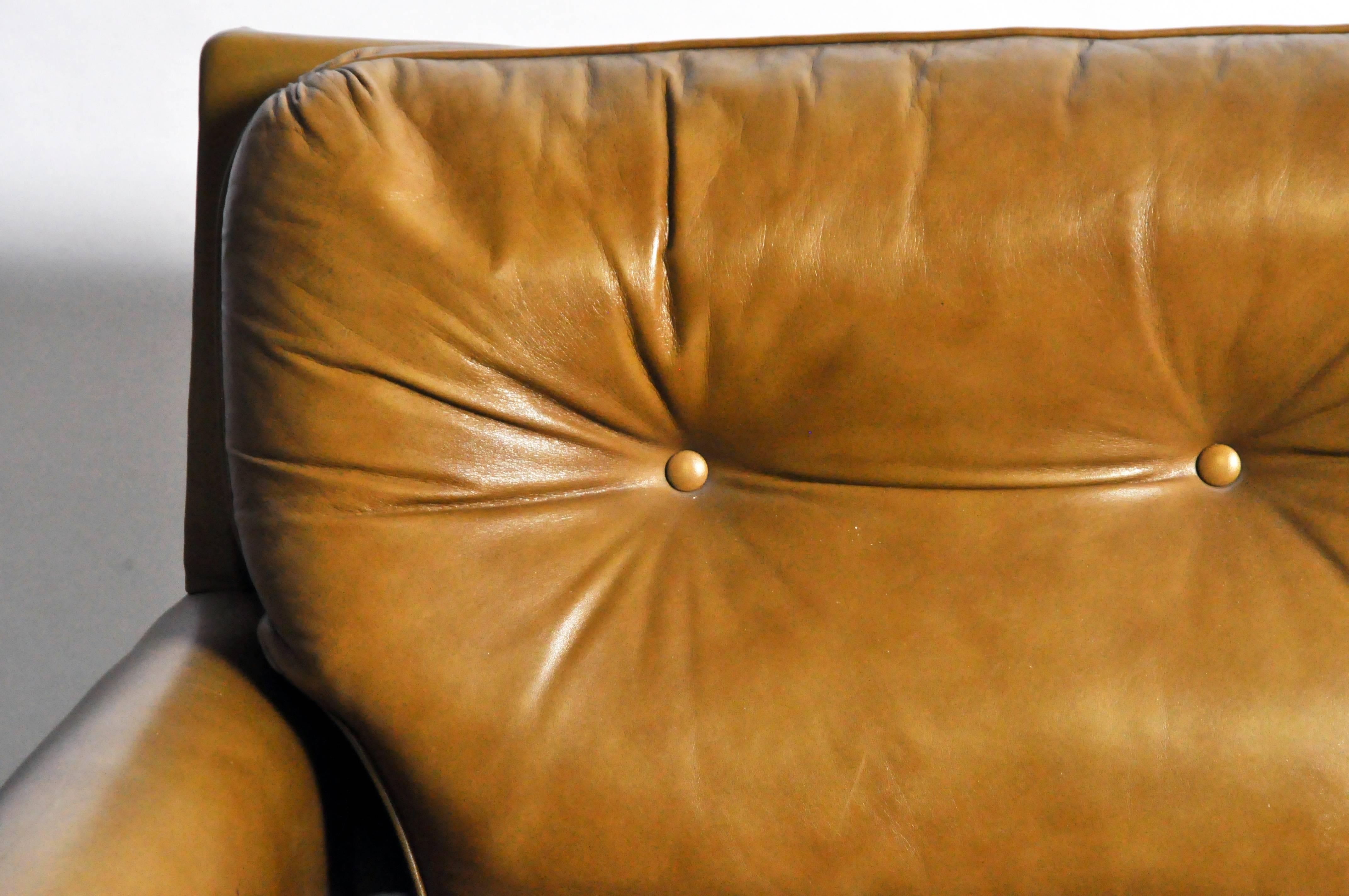 20th Century Mid-Century Modern Green Leather Sofa with Hardwood Base