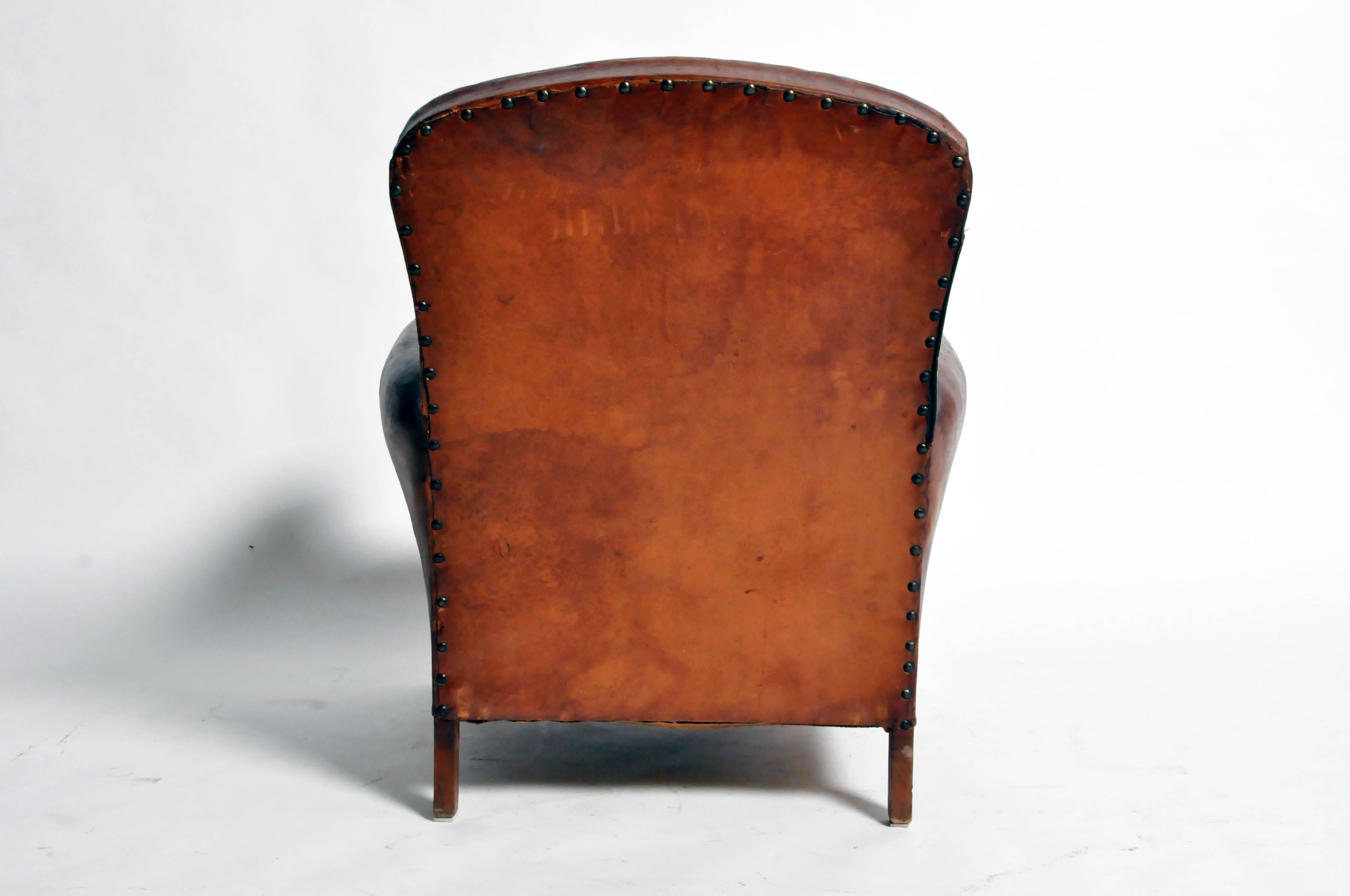 Mid-20th Century French Art Deco Leather Club Chair with Piping and Original Patina