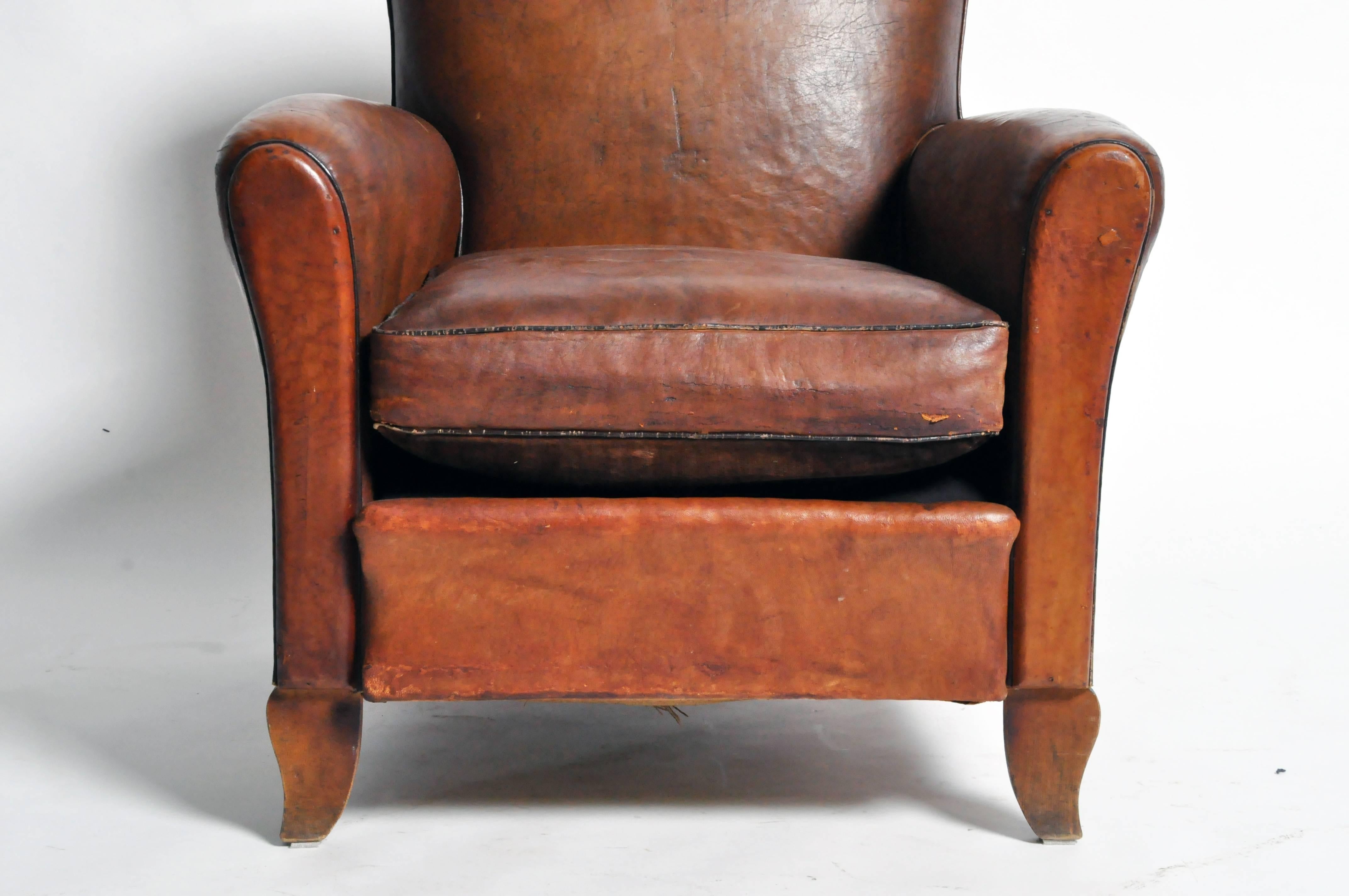 French Art Deco Leather Club Chair with Piping and Original Patina 2
