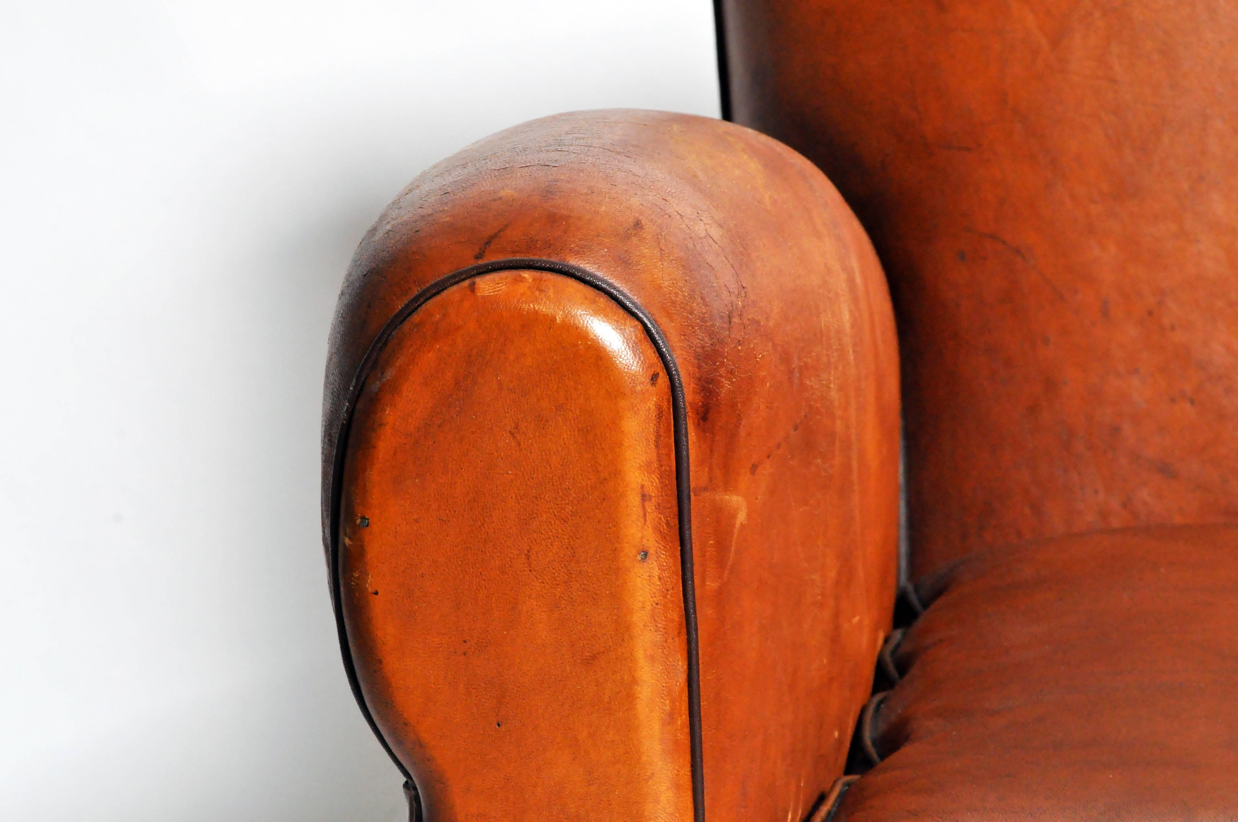 French Art Deco Leather Club Chair with Piping and Original Patina 1