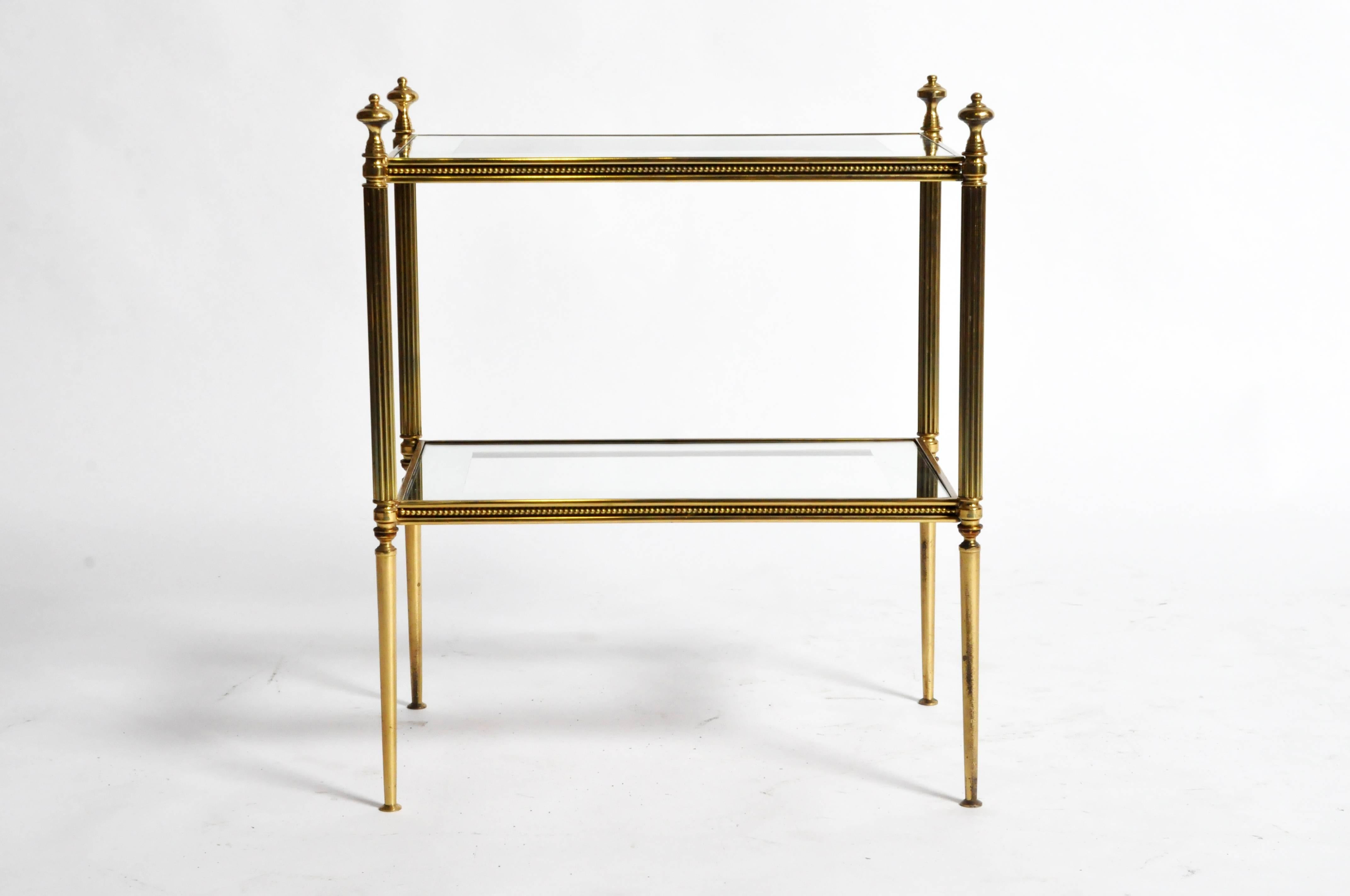 Brass Pair of French Mid-Century Modern Side Tables with Mirrored Glass Shelves