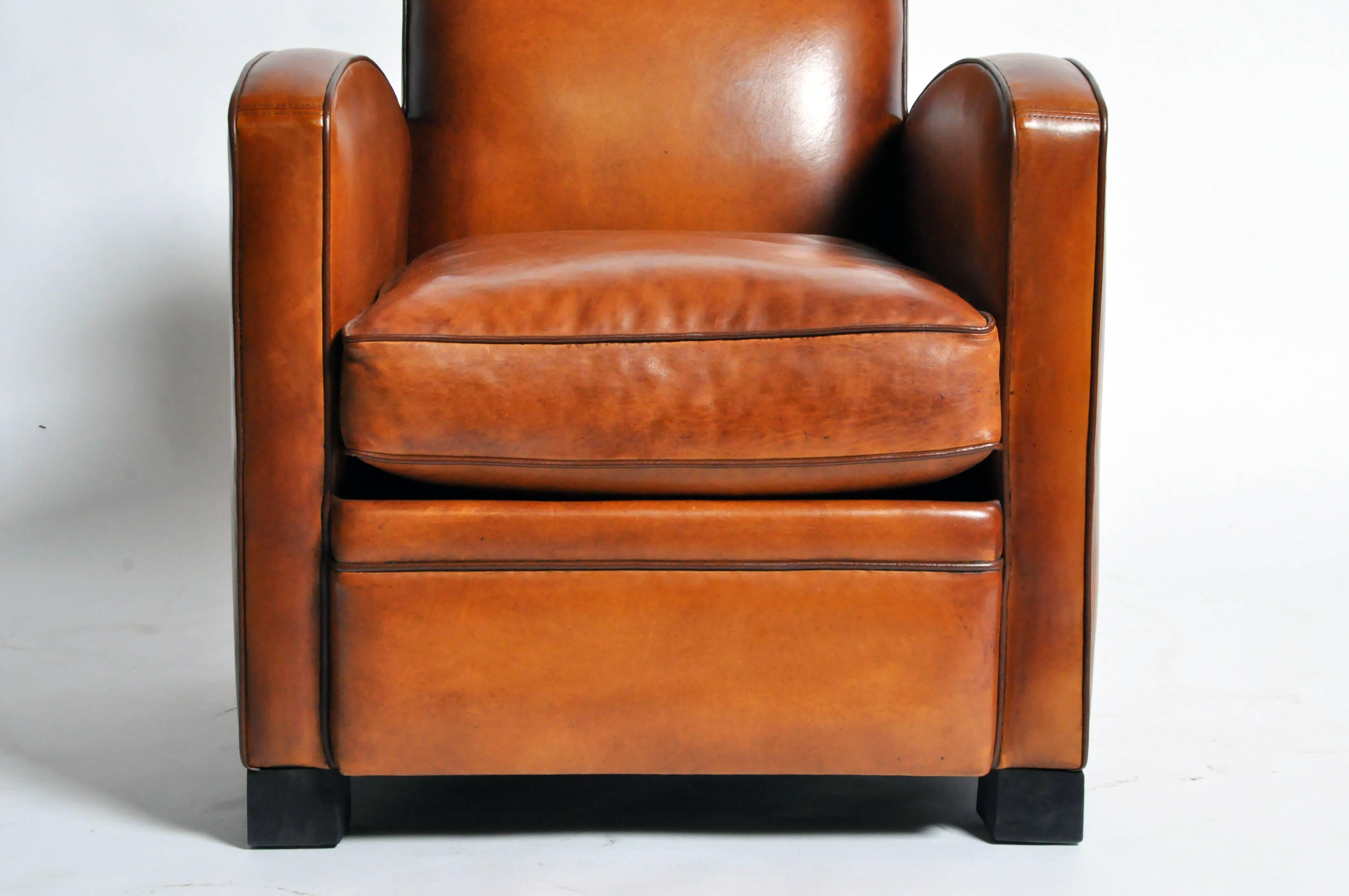 Pair of Parisian Golden Brown Leather Club Chairs with Dark Brown Piping 2
