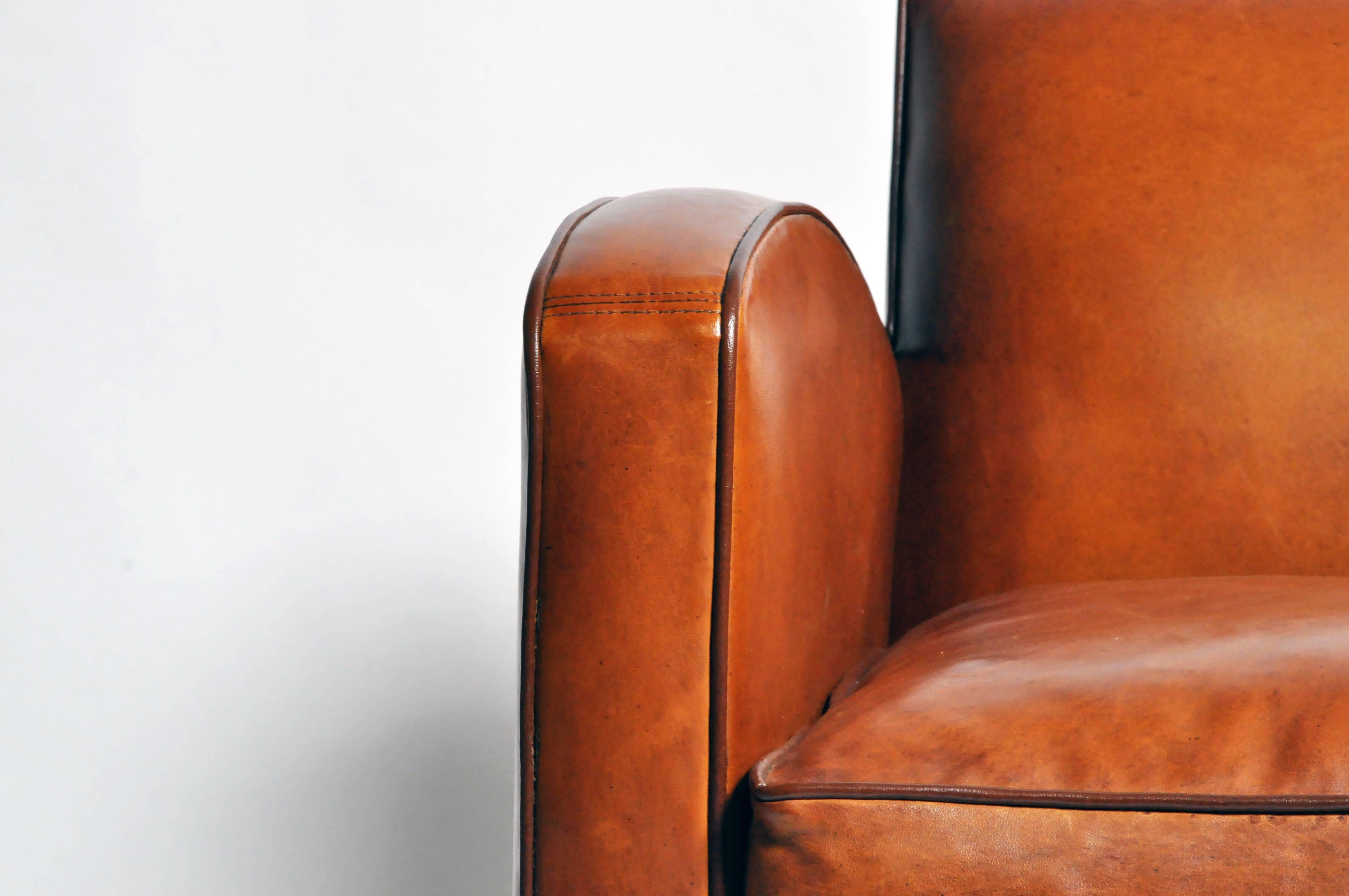 Pair of Parisian Golden Brown Leather Club Chairs with Dark Brown Piping 3