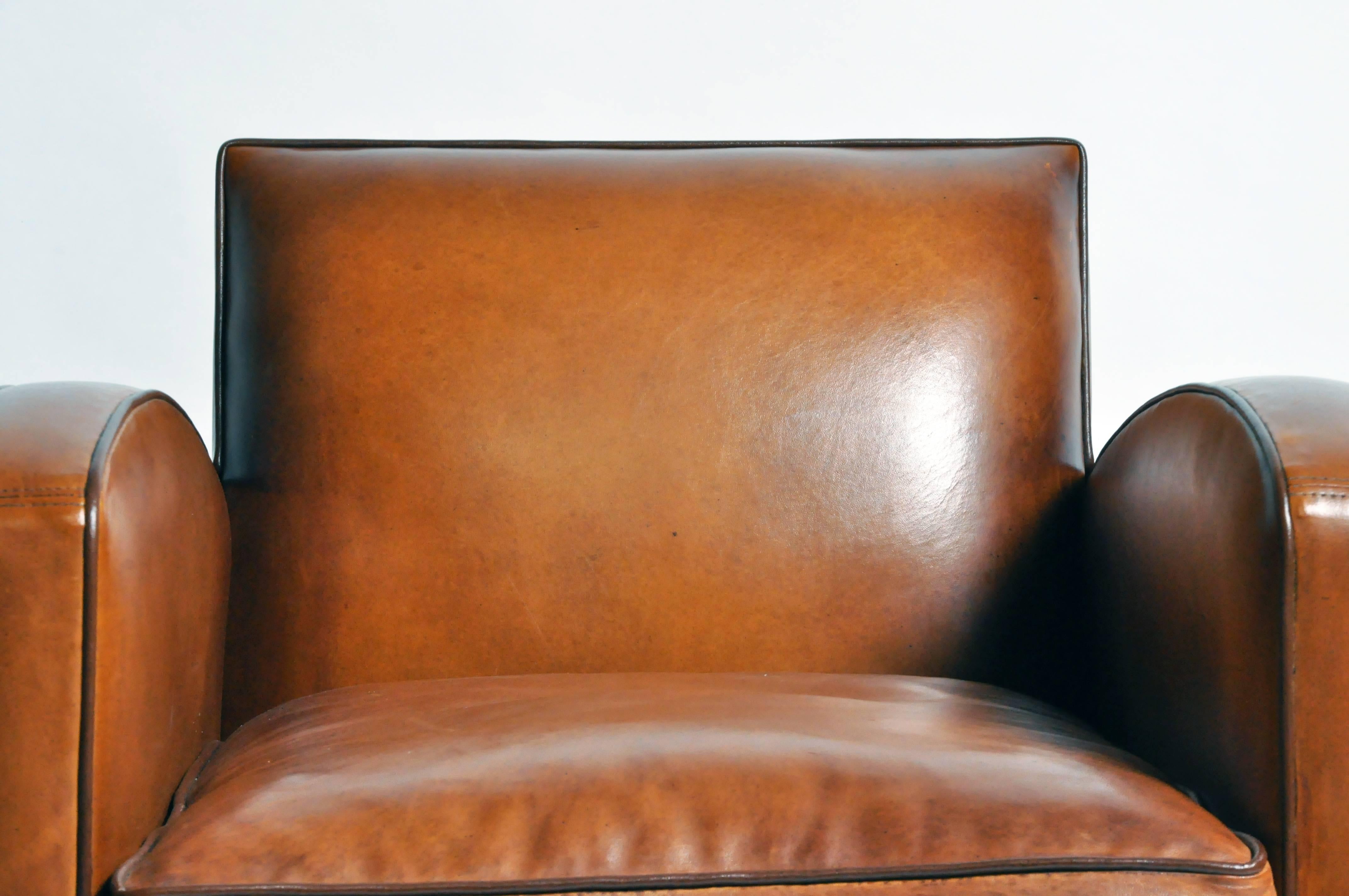 Pair of Parisian Golden Brown Leather Club Chairs with Dark Brown Piping 1